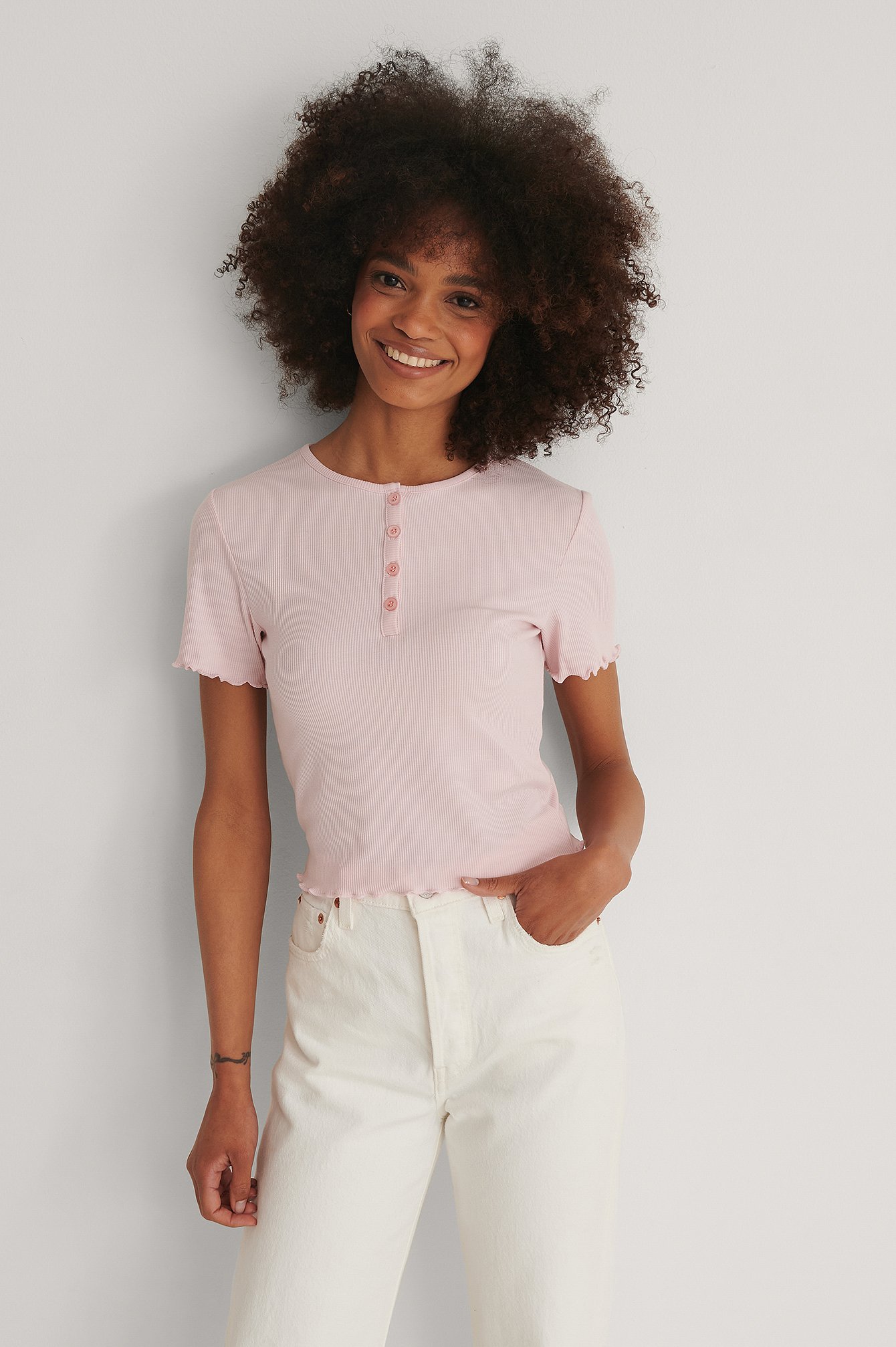 Light Pink Recycled Short Sleeve Babylock Buttoned Top