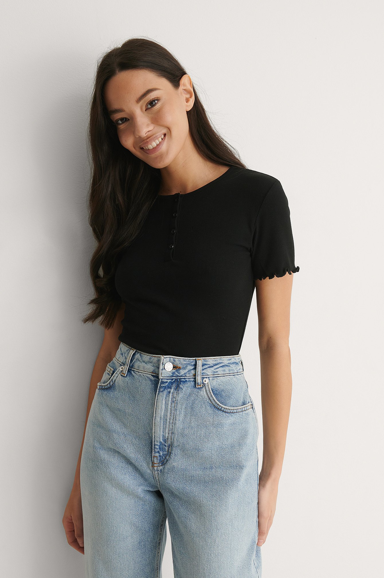 Black Recycled Short Sleeve Babylock Buttoned Top