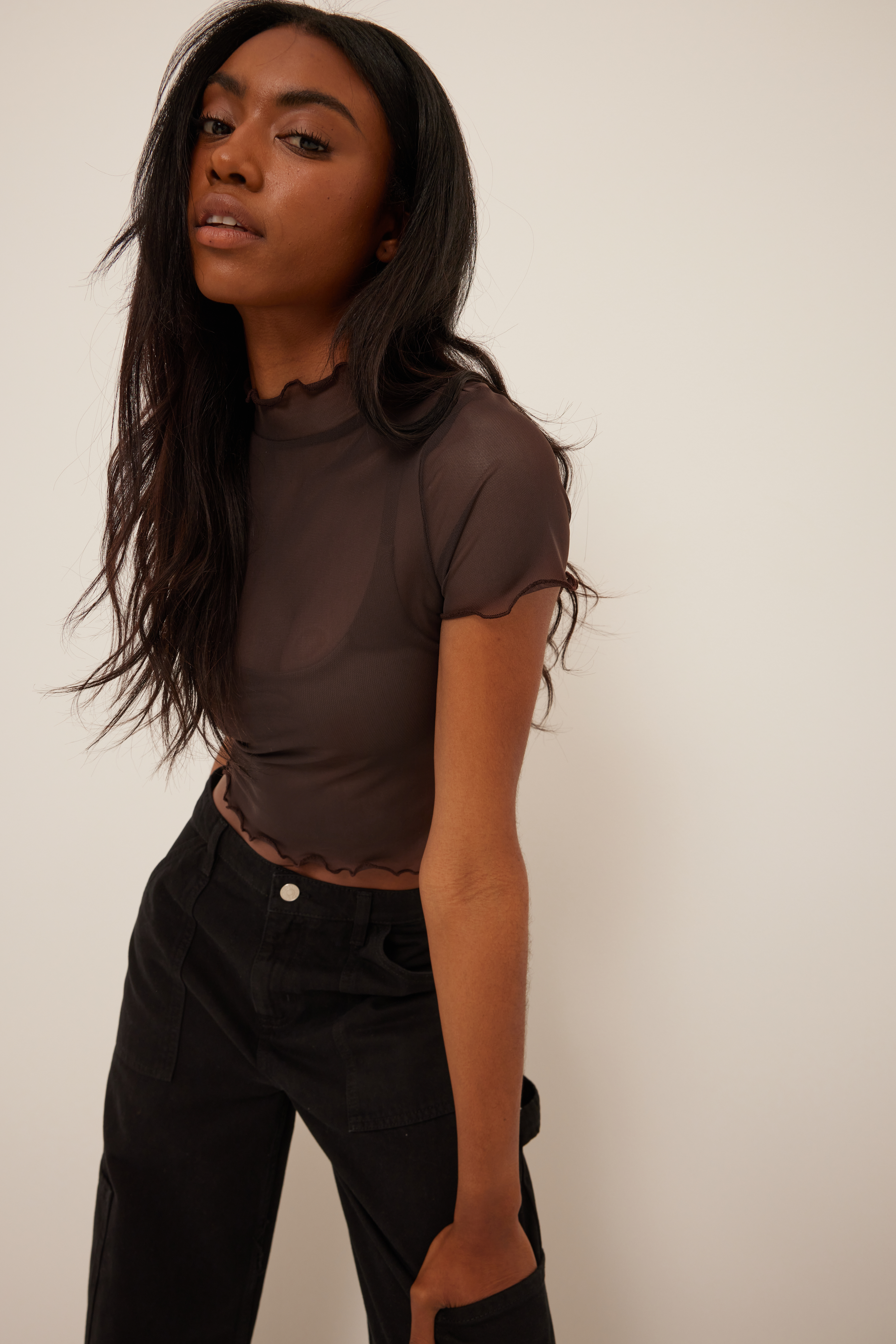 Short Sleeve Babylock Mesh Top Brown 