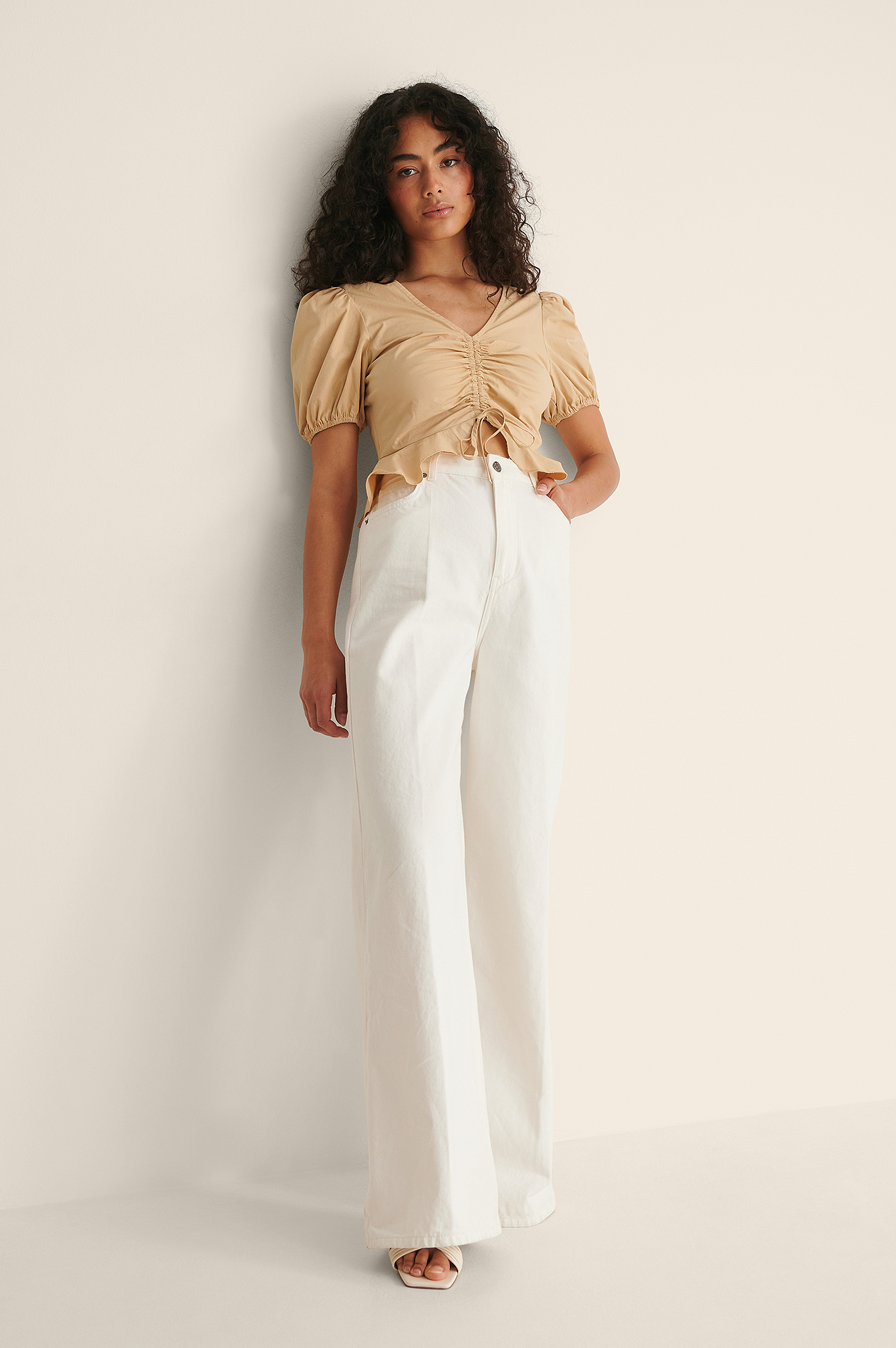 Short Sleeve Drawstring Top Beige