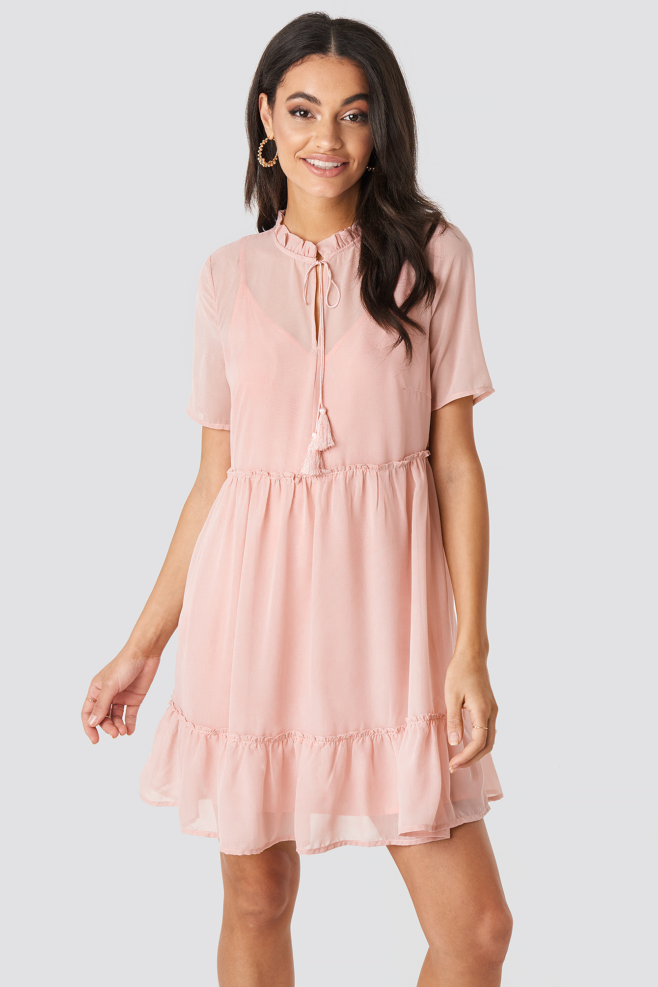 Dusty Pink NA-KD Boho Short Sleeve Flowy Mini Dress