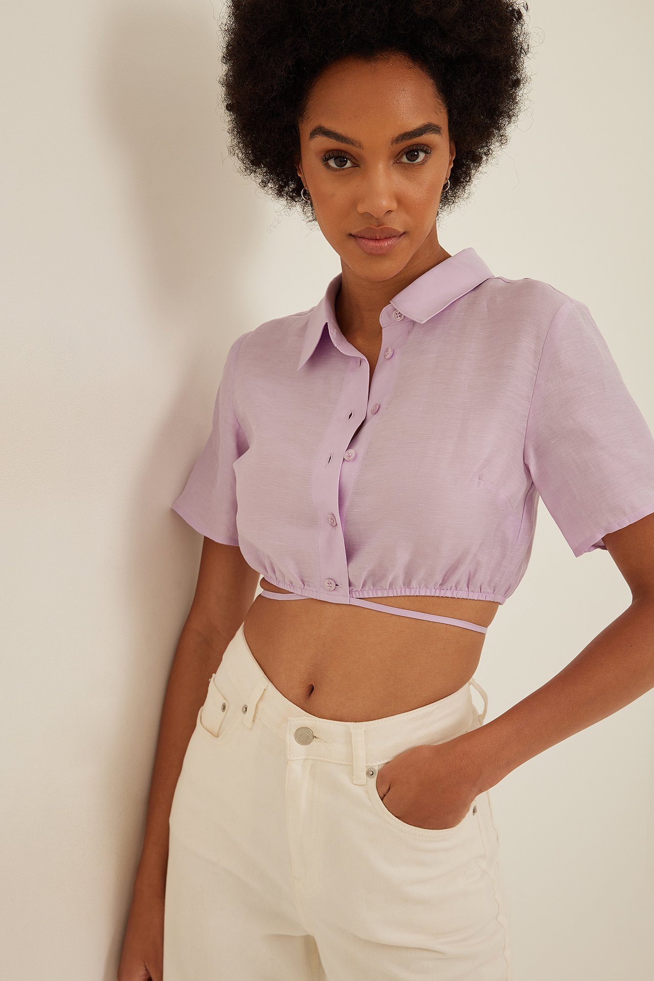 Short Sleeve Linen Blend Shirt Purple | NA-KD