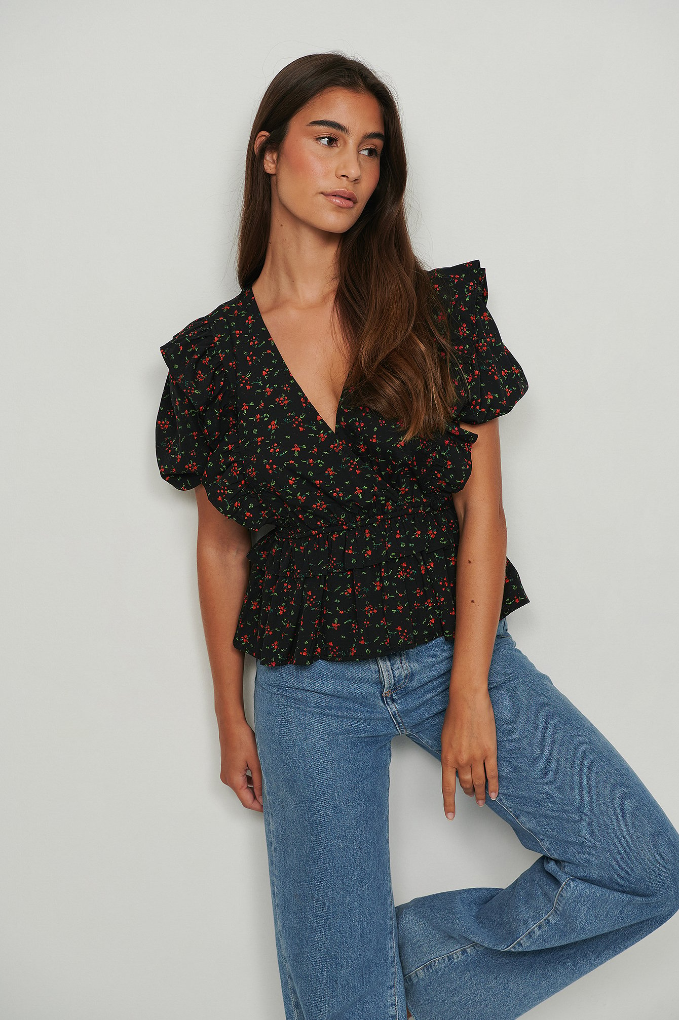 Red Flower Recycled Short Sleeve Printed Flounce Top