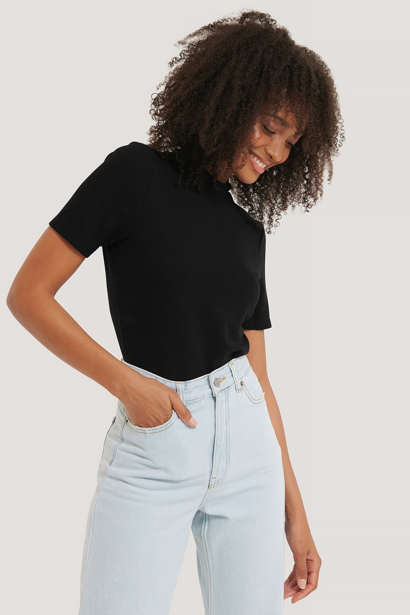 Black Recycled Short Sleeve Ribbed Top