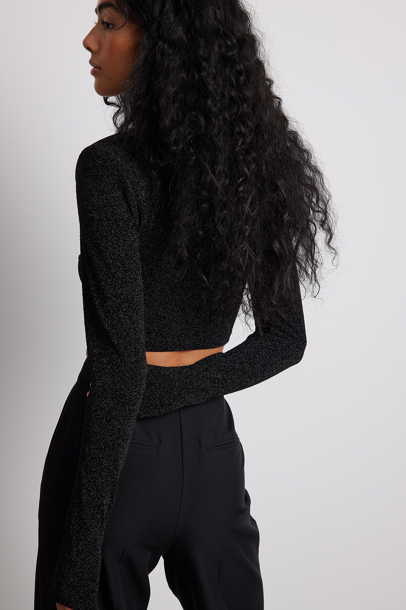 Shoulder Pad Glitter Crop Top Black