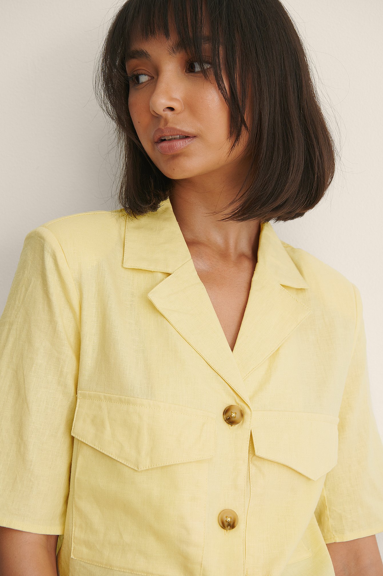 Light Yellow Shoulder Padded Linen Blend Shirt