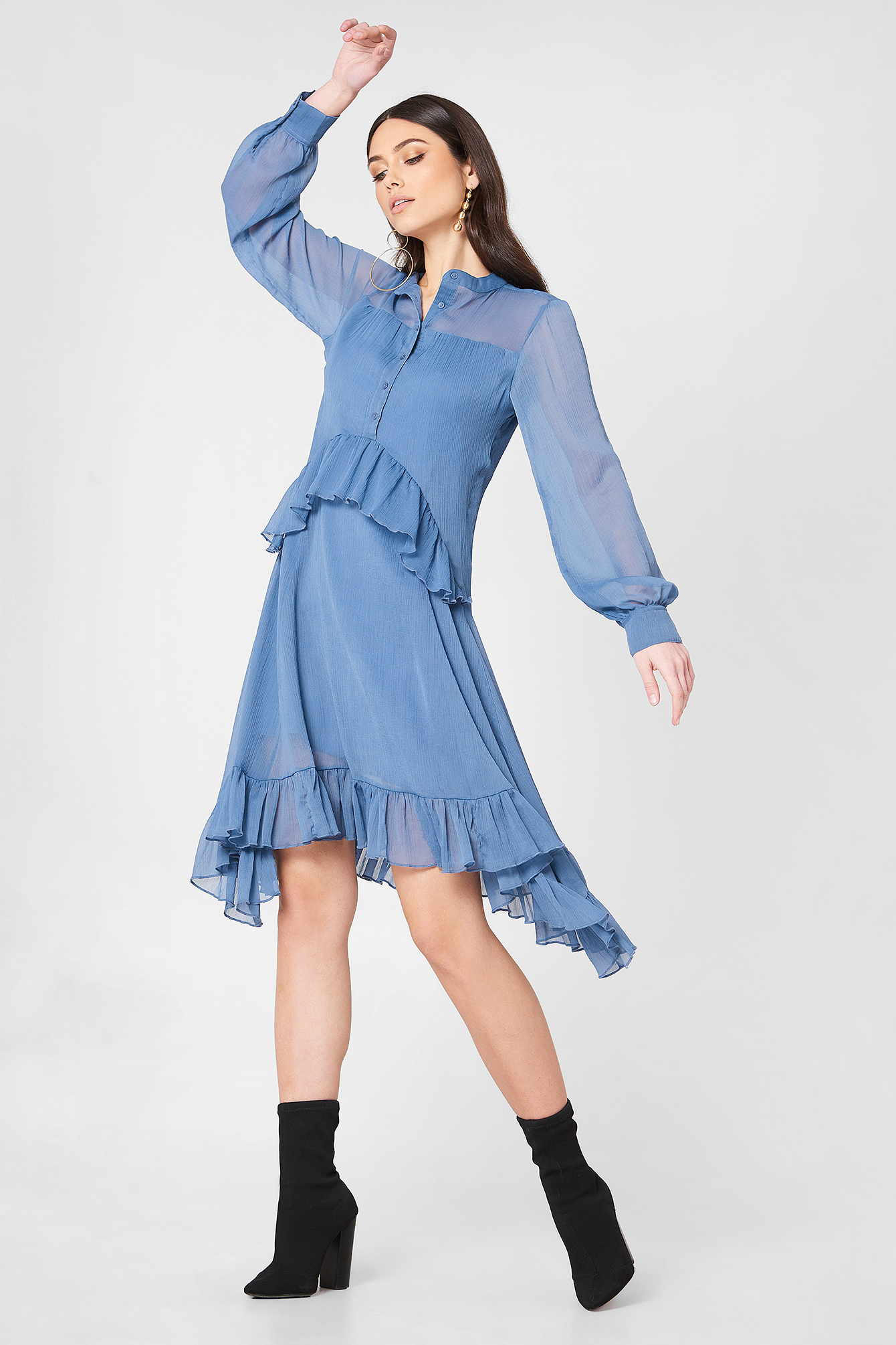 Side Dipp Frill Dress Dusty Blue