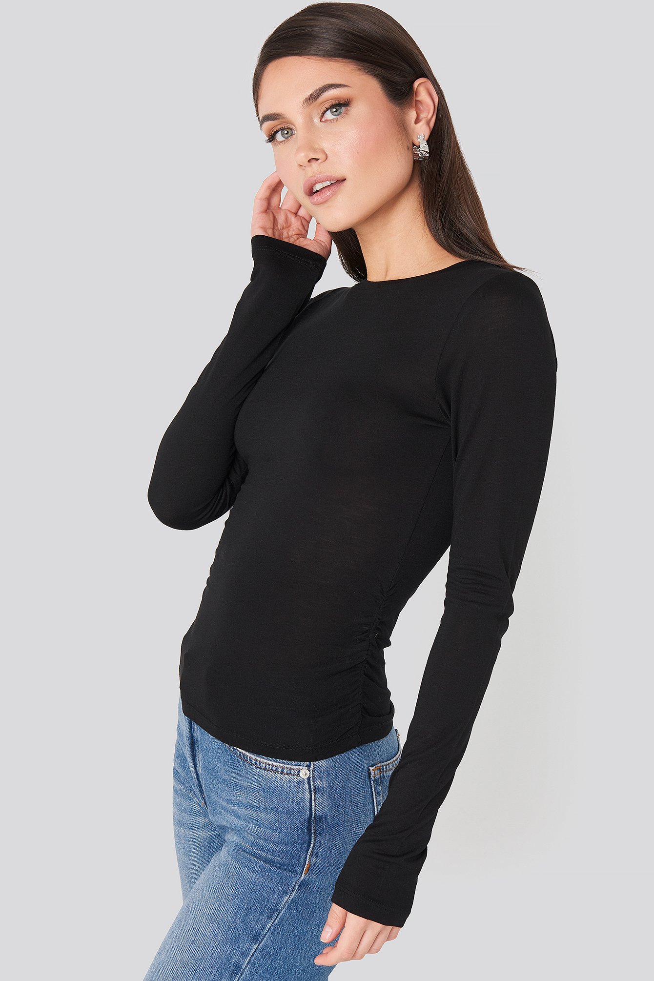 Side Ruched Long Sleeve Top Black NAKD