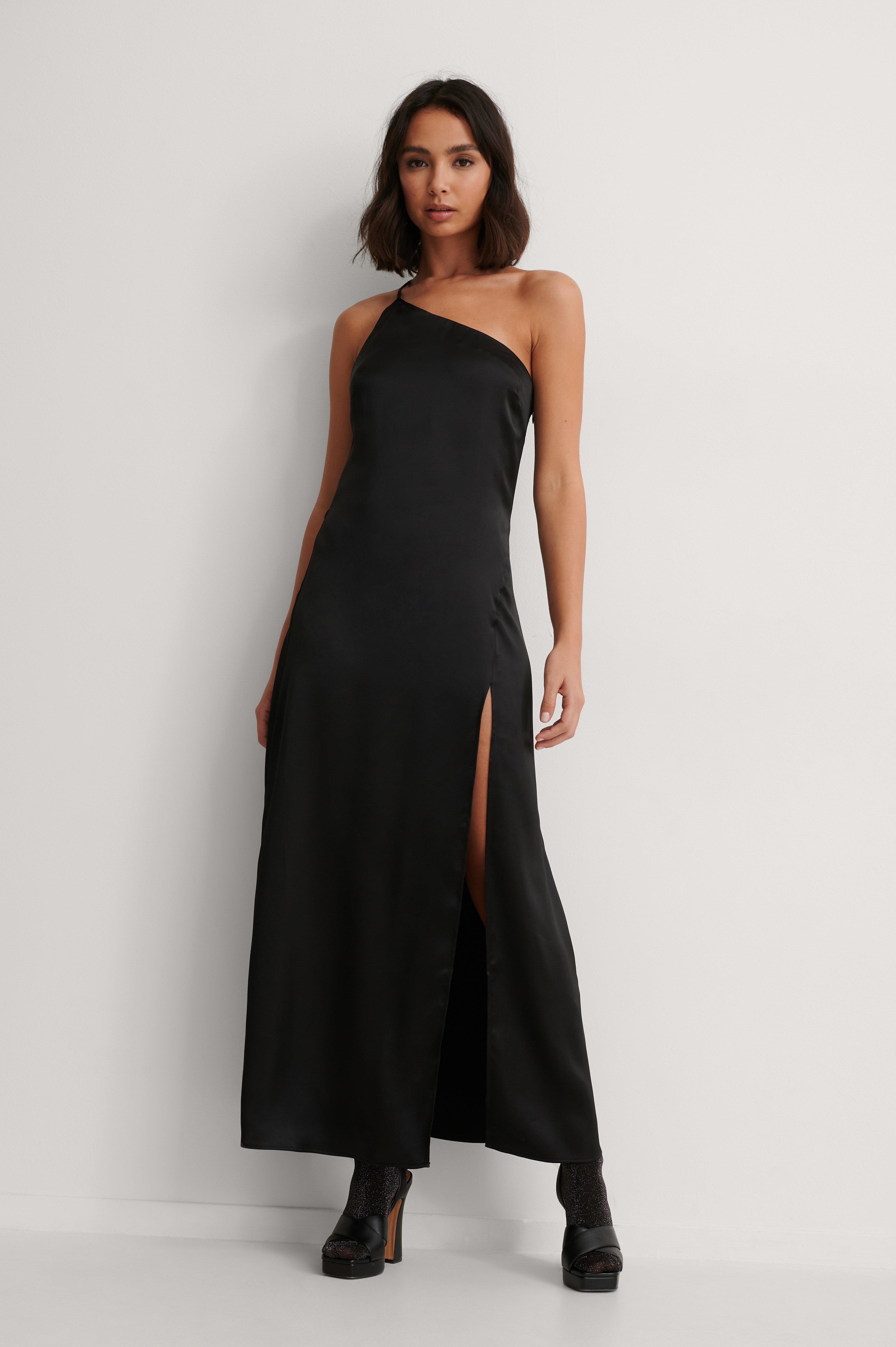 Black Side Slit Asymmetric Satin Dress