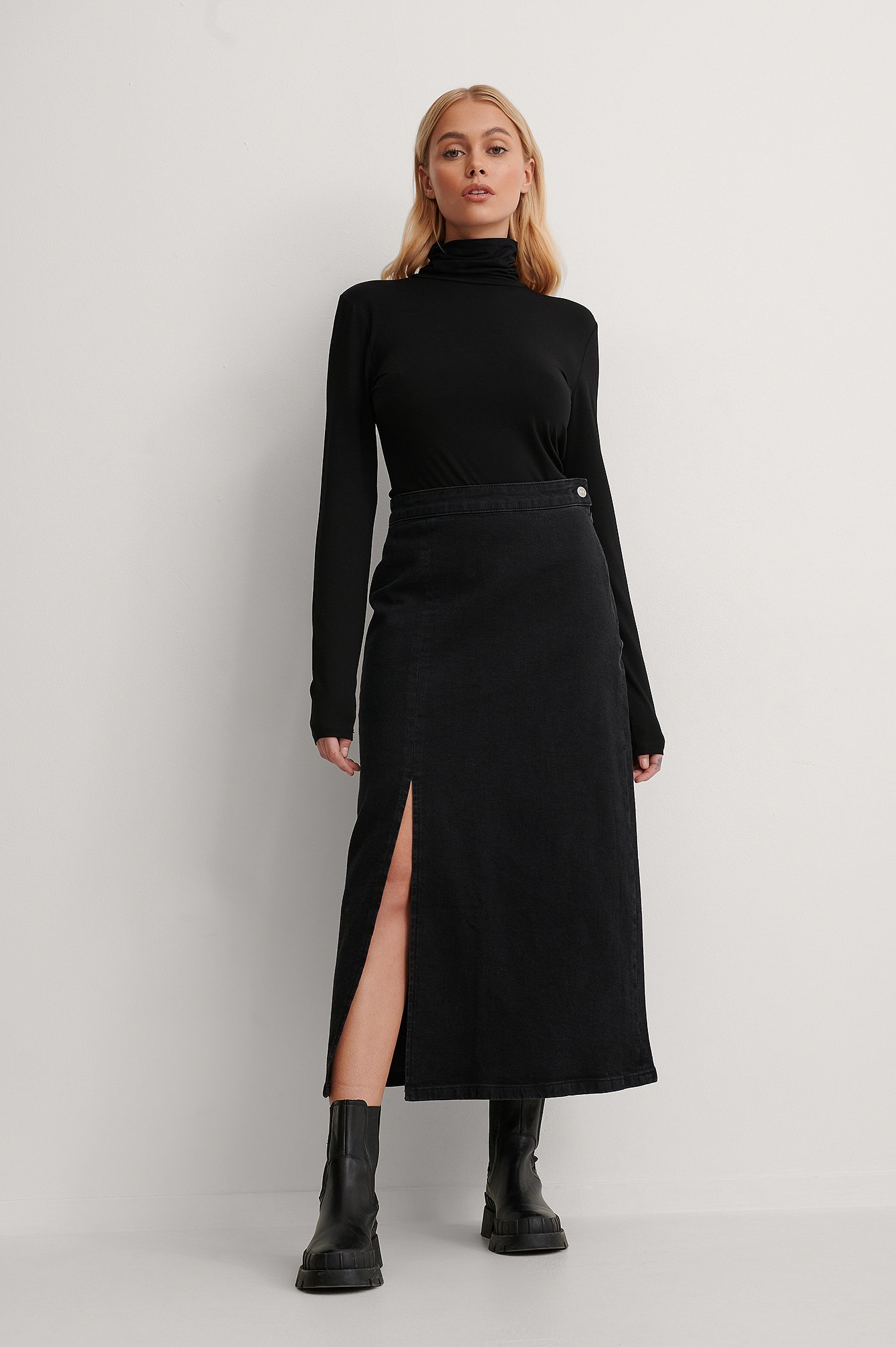 Black Organic Side Slit Denim Skirt