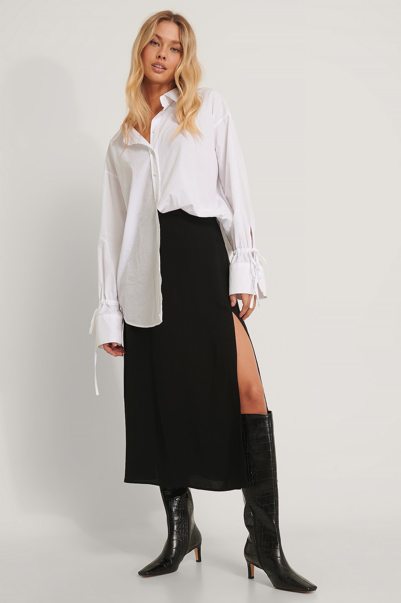 Black Recycled Side Slit Midi Skirt