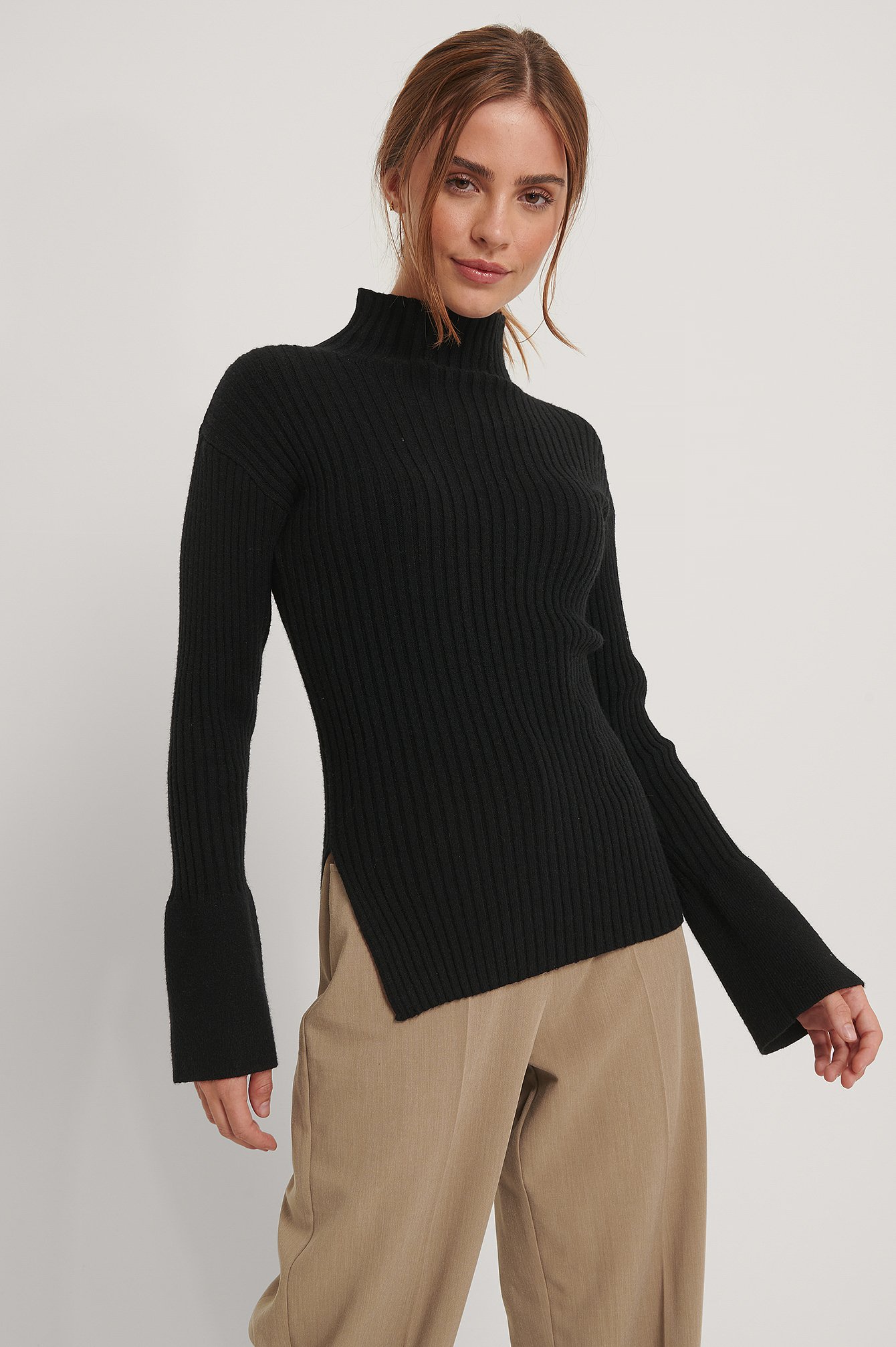 Black NA-KD Trend Side Slit Ribbed Knitted Sweater