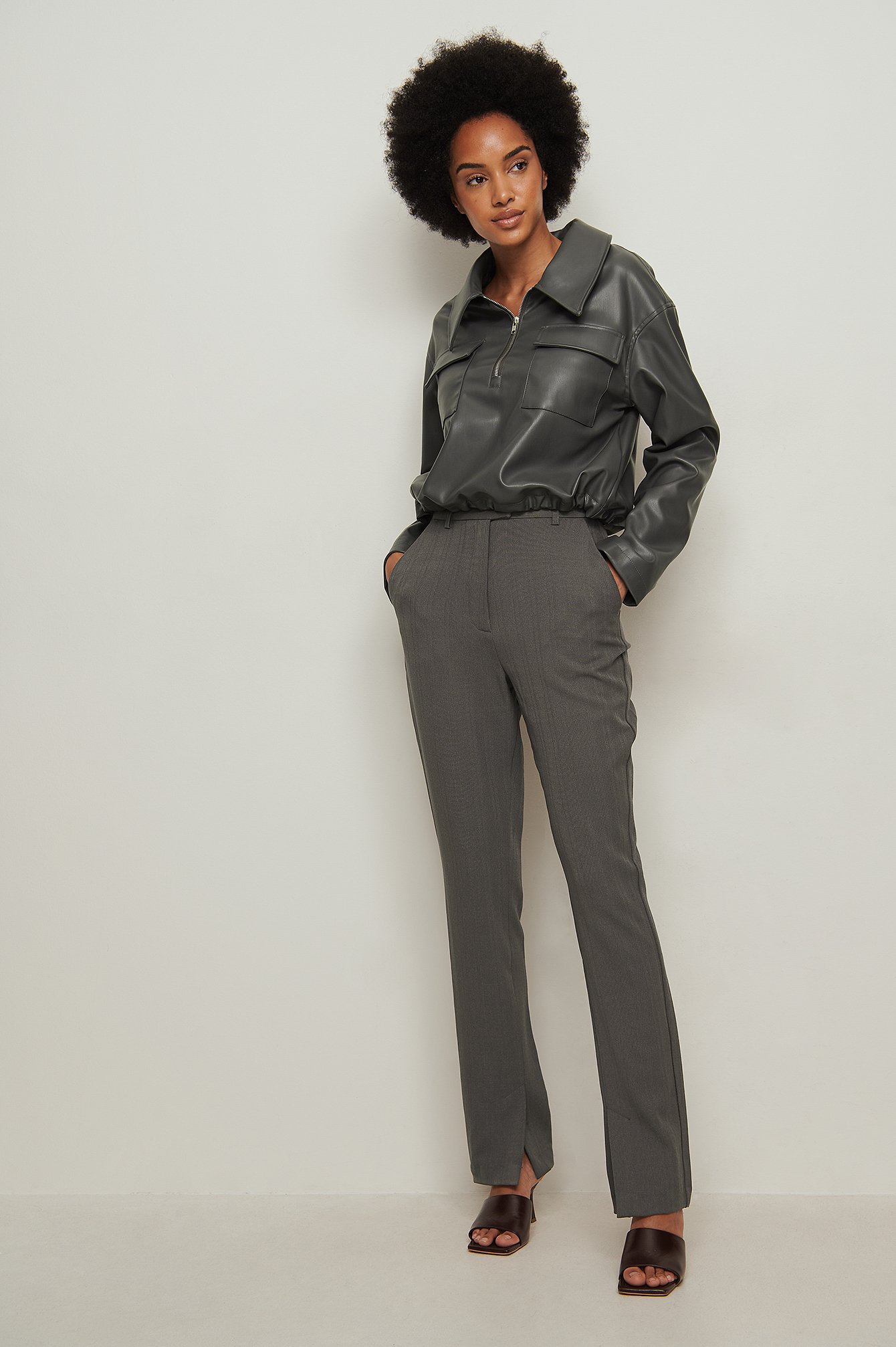 Grey Recycled Side Slit Tailored Suit Pants