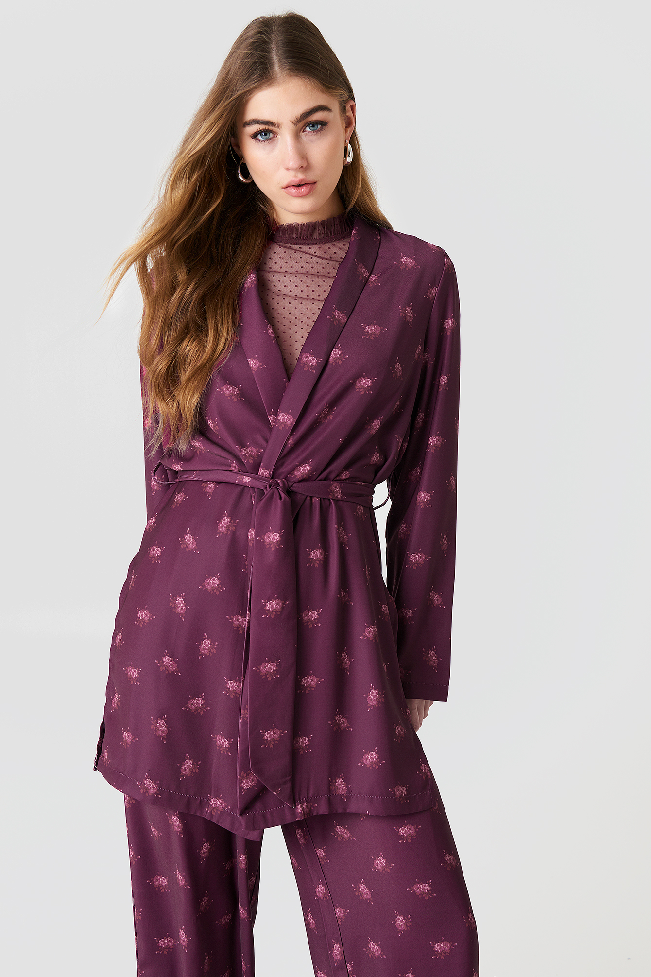 Side Slit Tied Waist Blazer Plum Floral