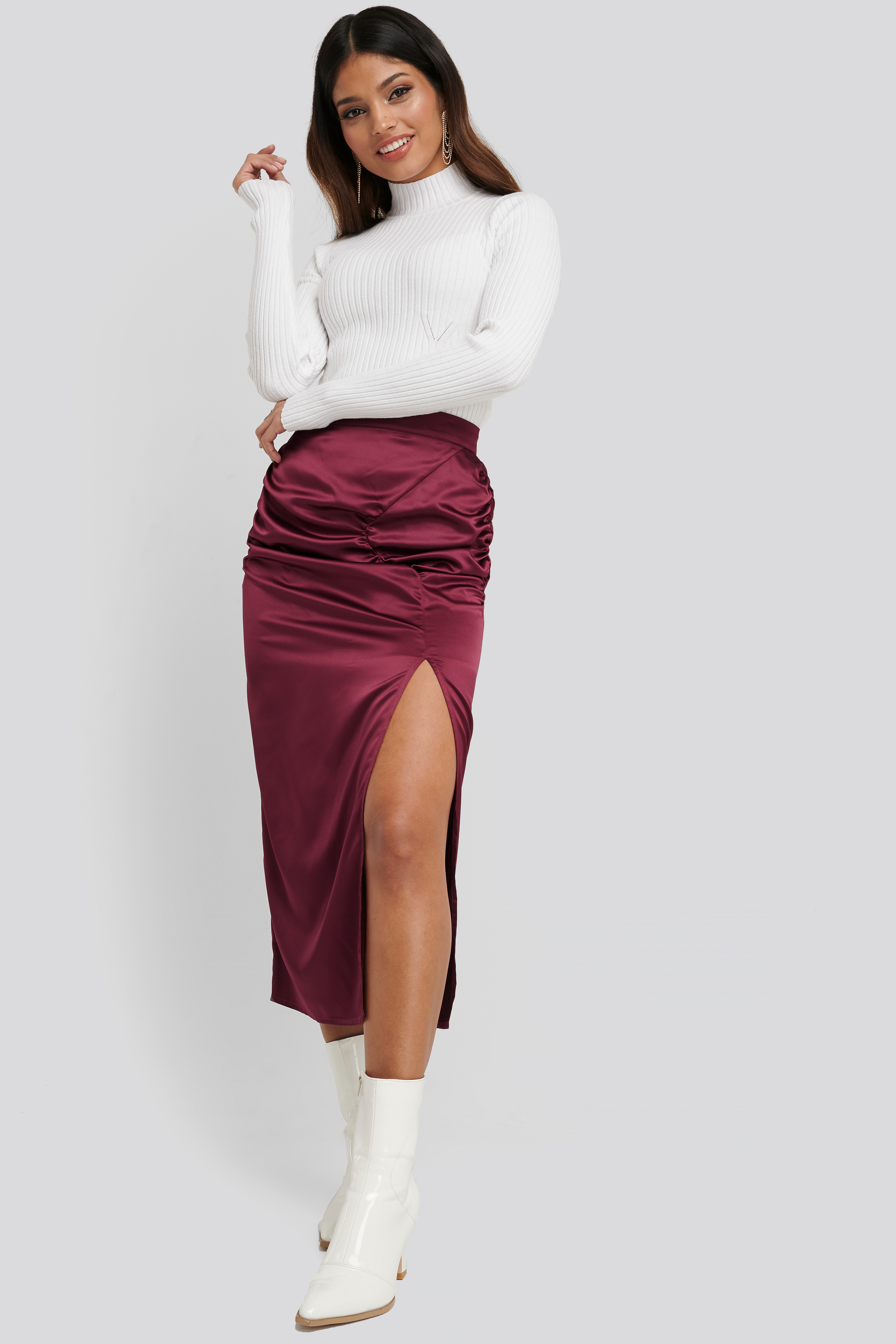 Side Split Draped Skirt Burgundy