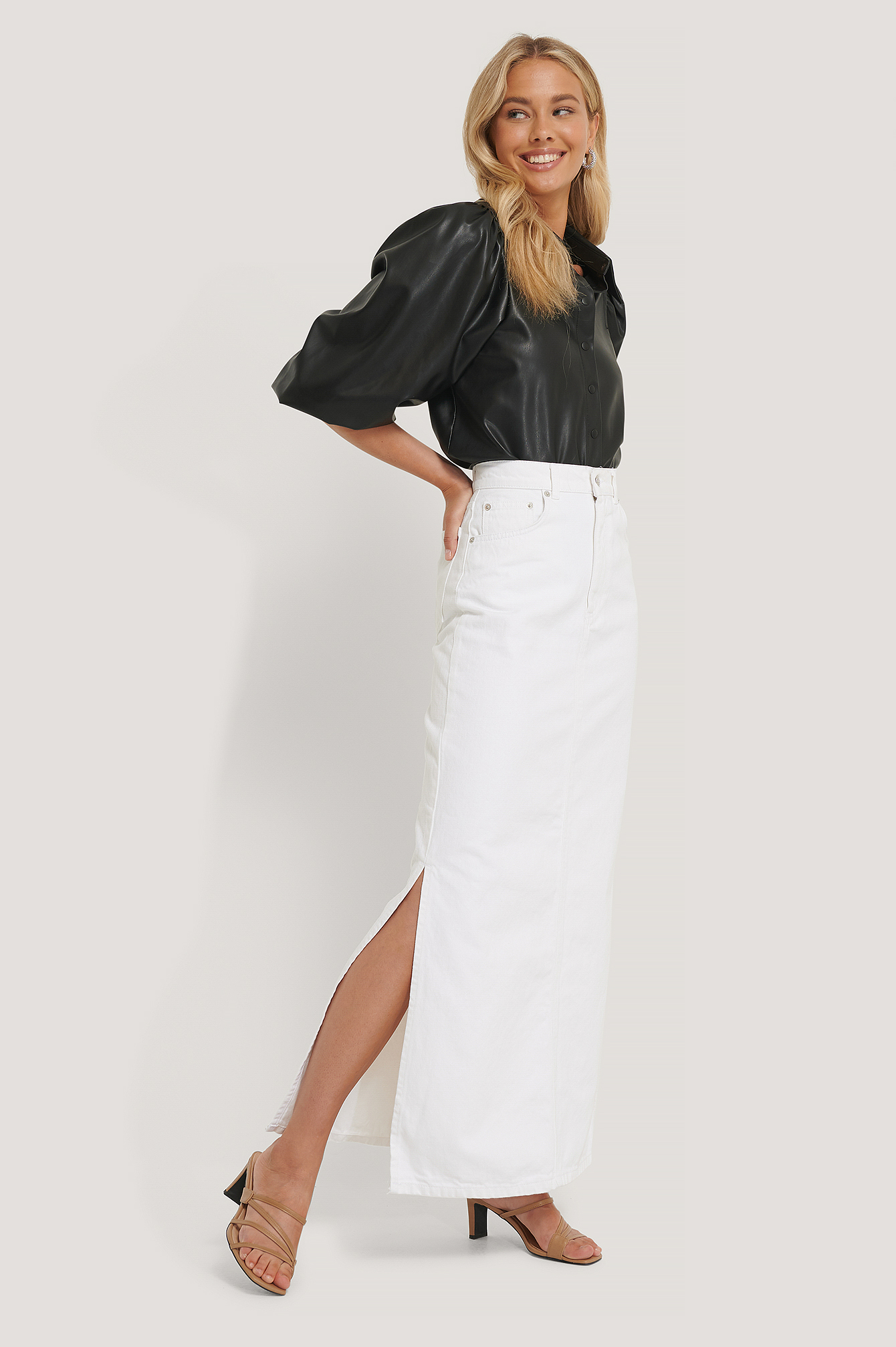 NA-KD Trend Side Split Maxi Denim Skirt - White