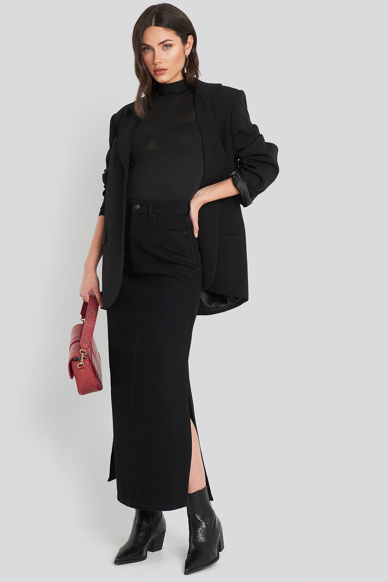 NA-KD Trend Side Split Maxi Denim Skirt - Black
