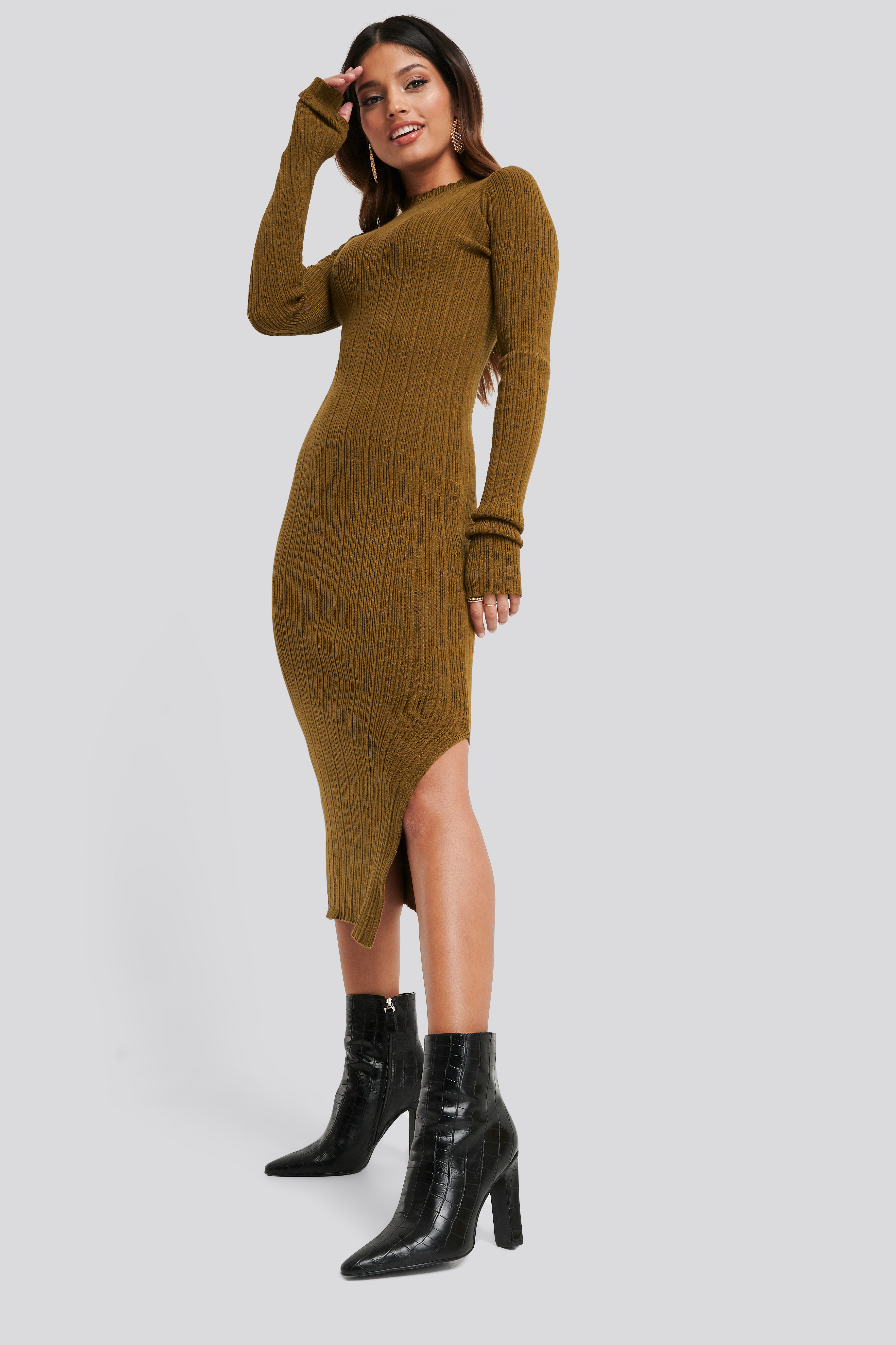 Side Split Ribbed Knit Dress Brown
