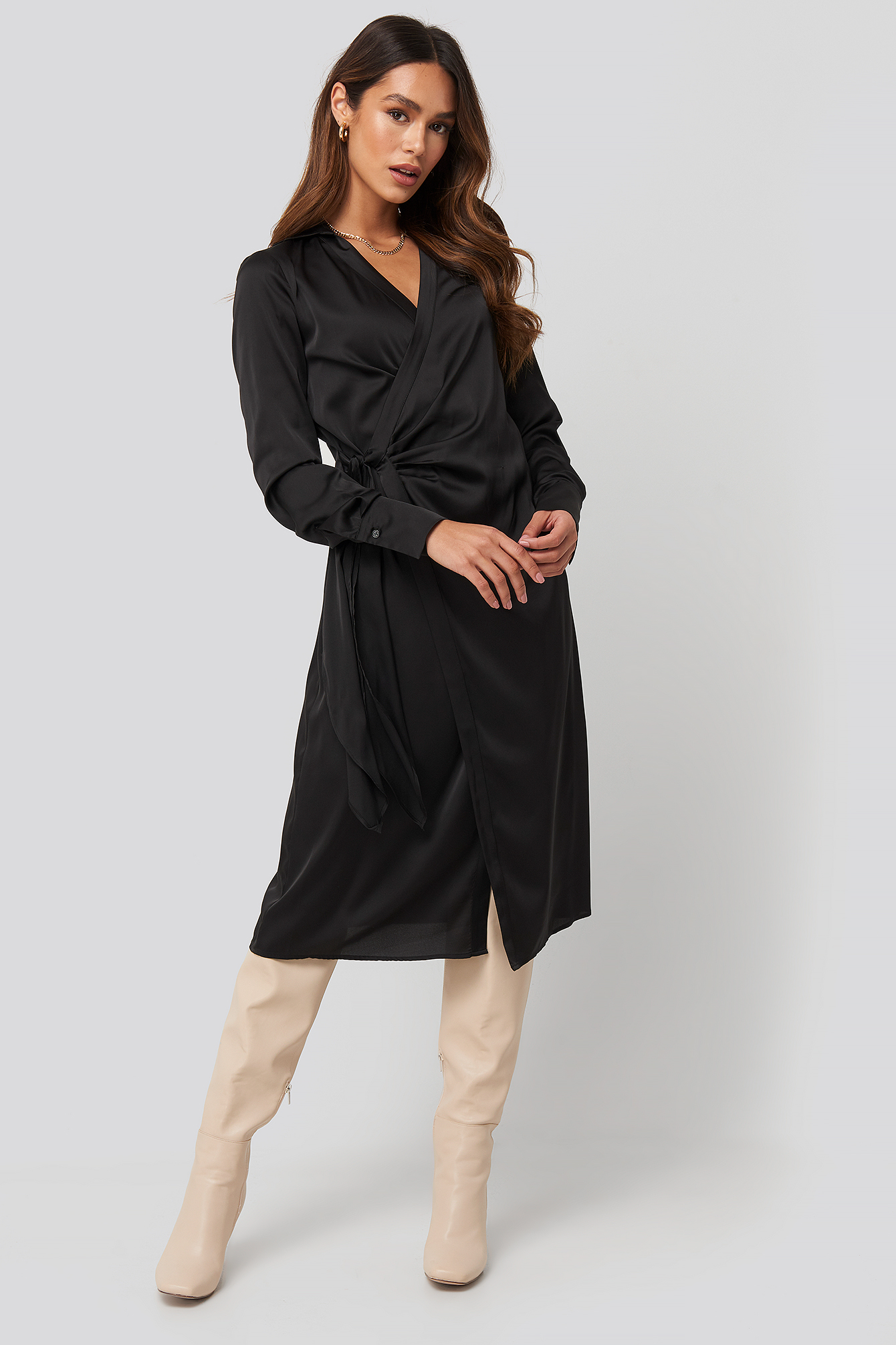 Side Tie Satin Midi Dress Black