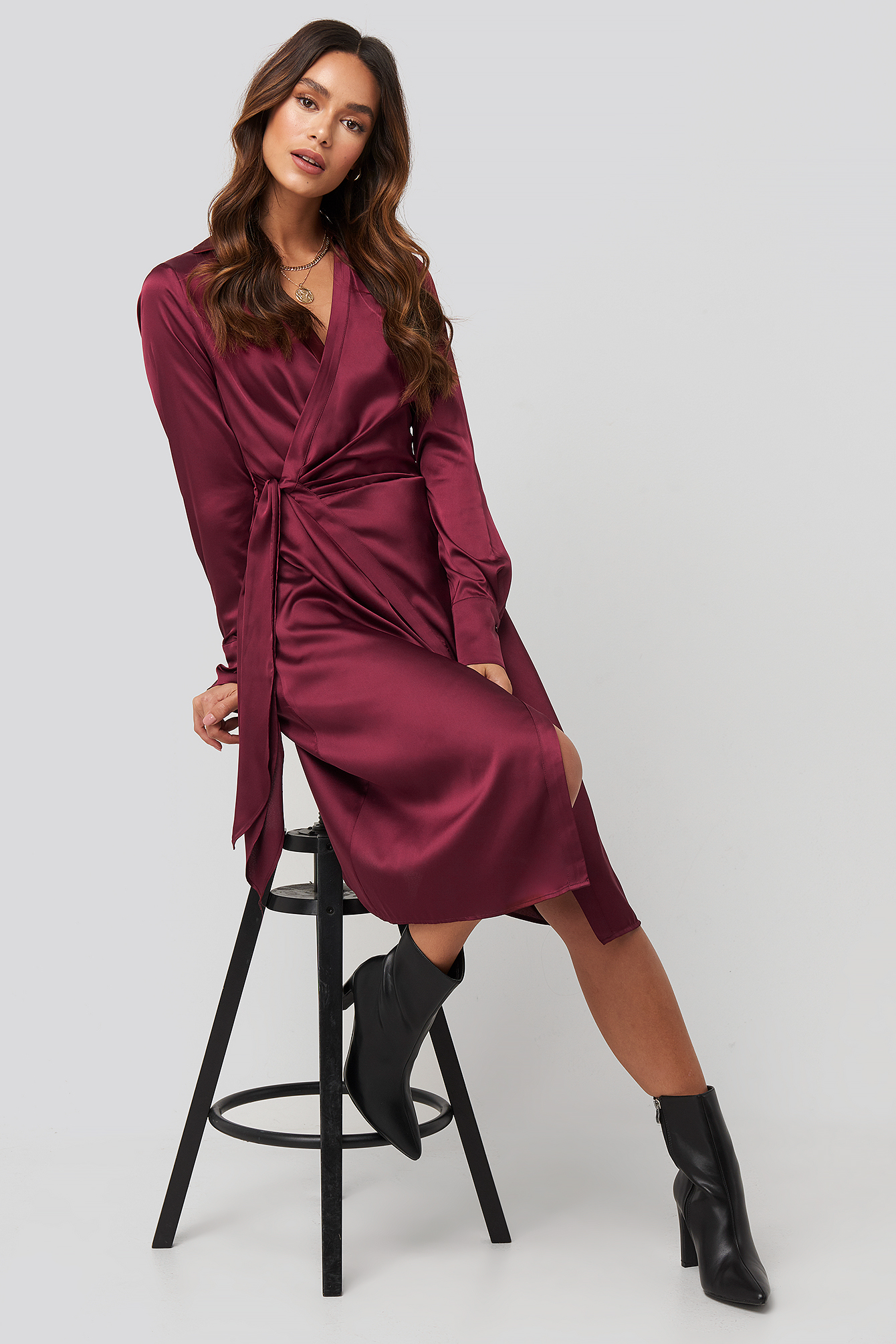 Side Tie Satin Midi Dress Burgundy