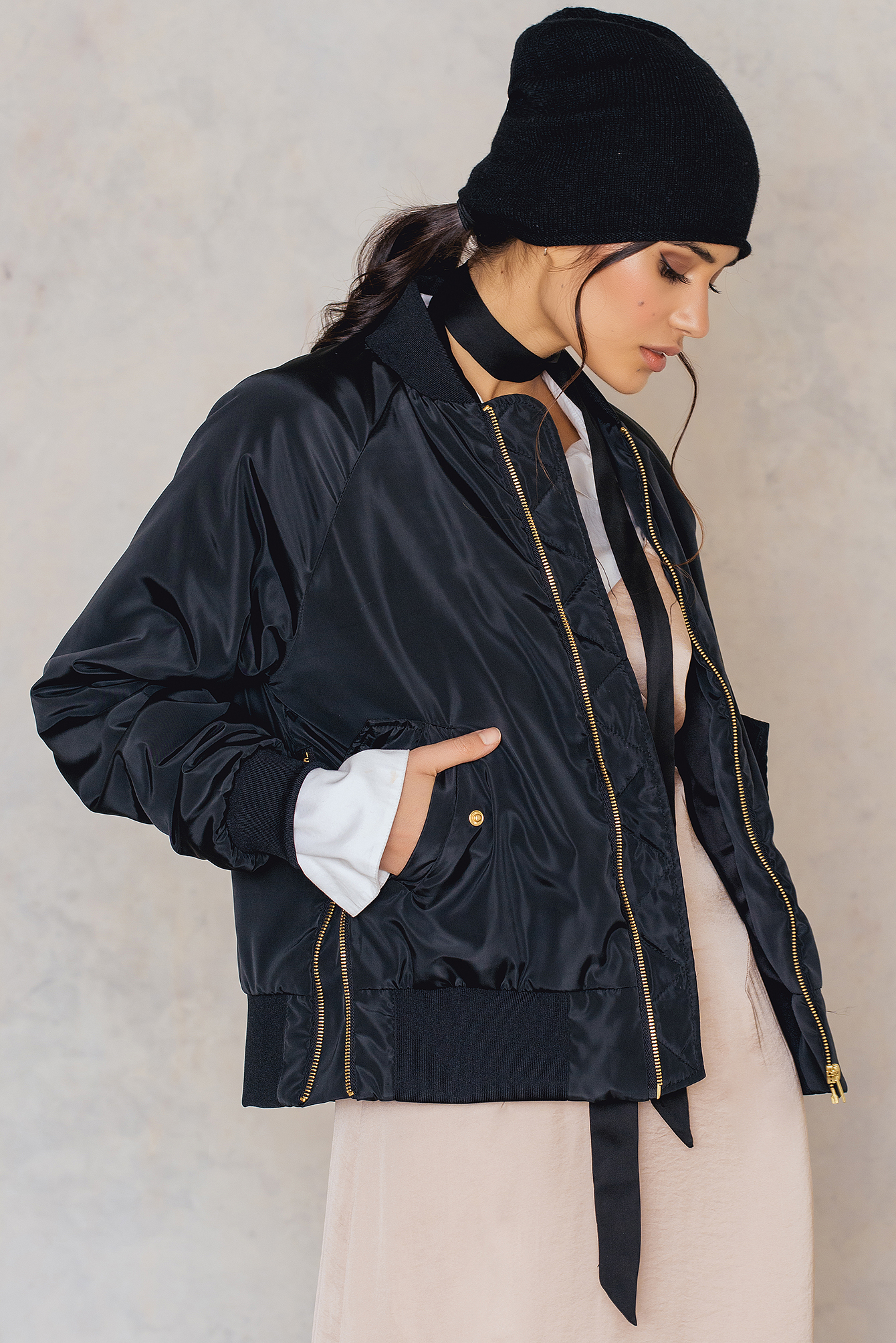 Side Zippers Bomber Jacket Black