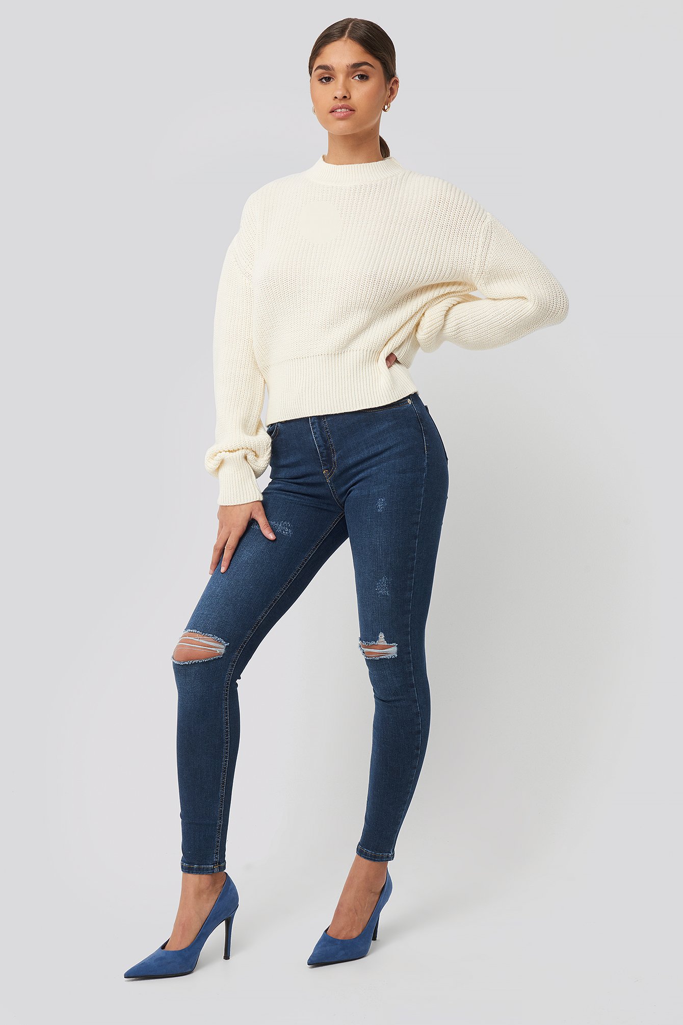 Dark Blue Skinny Jeans mit hoher Taille Used-Look