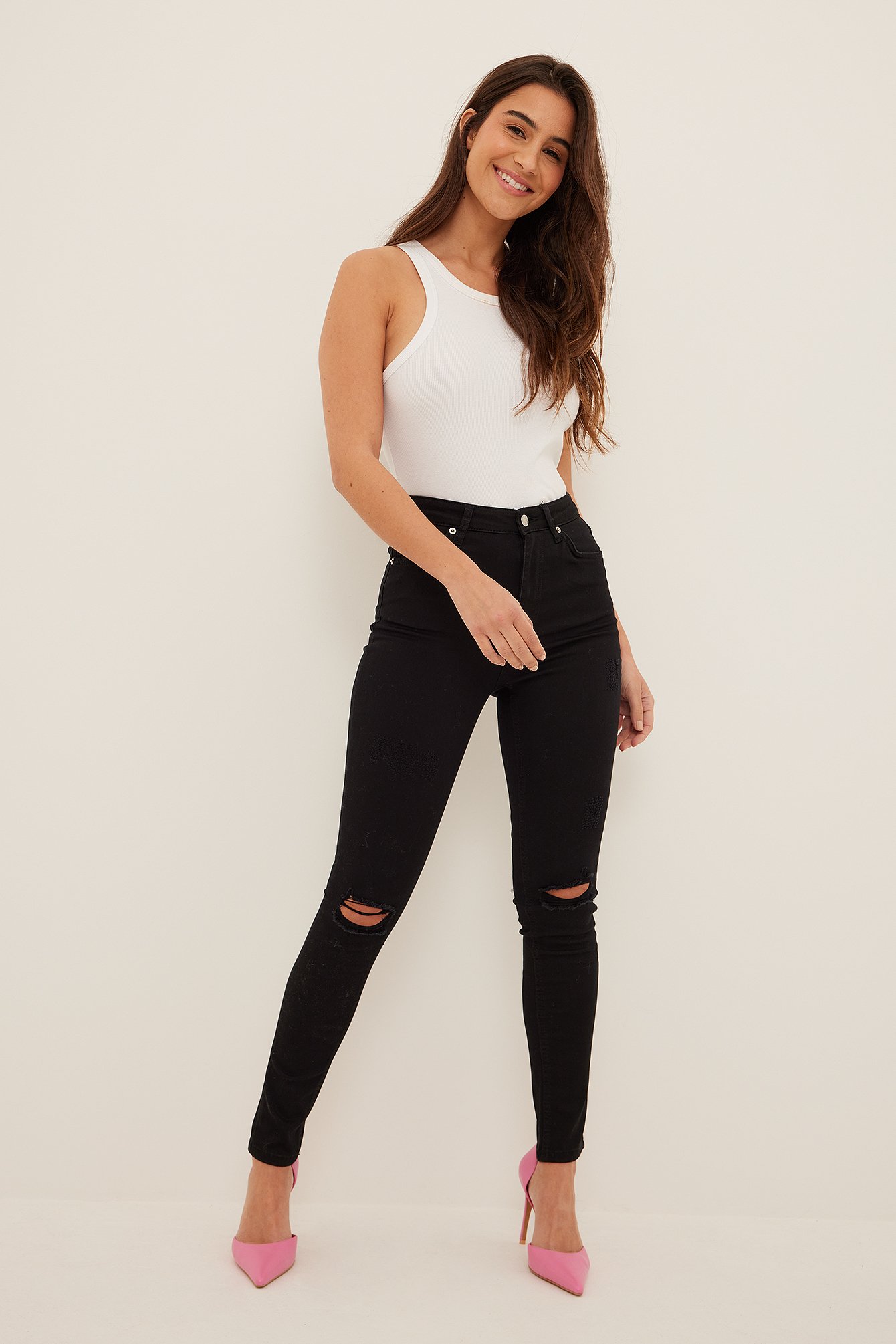 Black Organische Skinny Jeans mit hoher Taille Used-Look