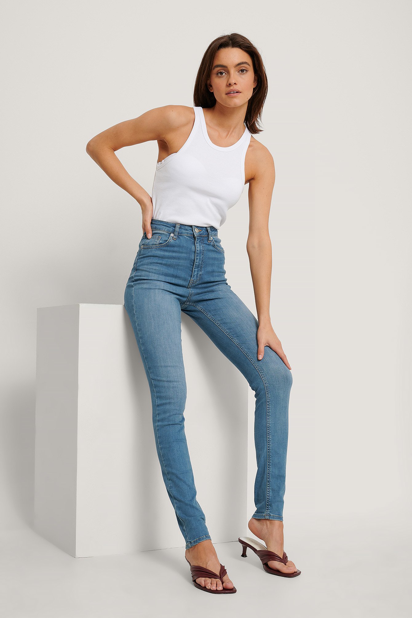 Mid Blue Organisch Skinny Jeans Met Hoge Taille