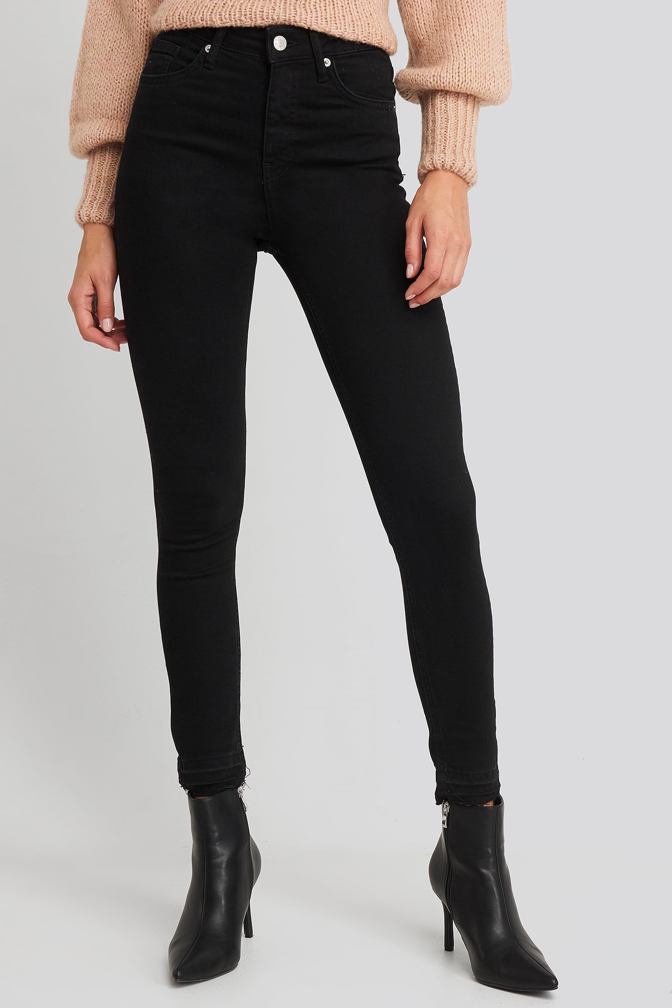 Jeansy Skinny High Waist Open Hem Black