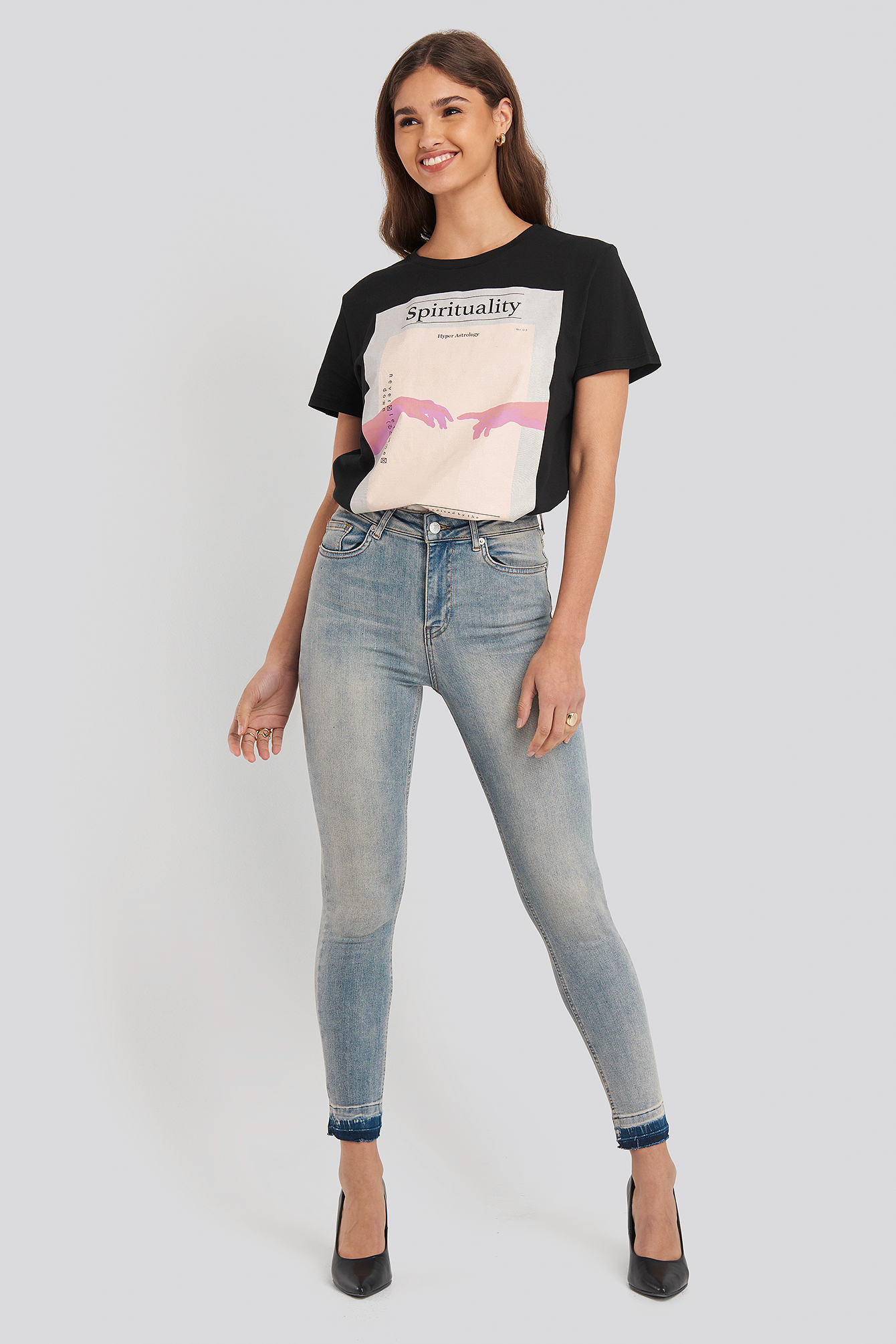 Skinny High Waist Open Hem Jeans Washed Blue