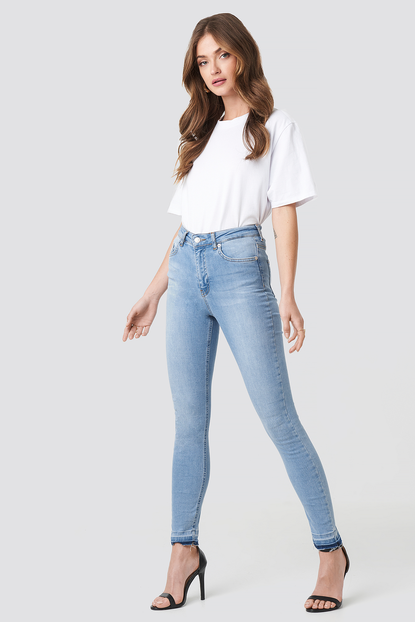Skinny High Waist Open Hem Jeans Light Blue