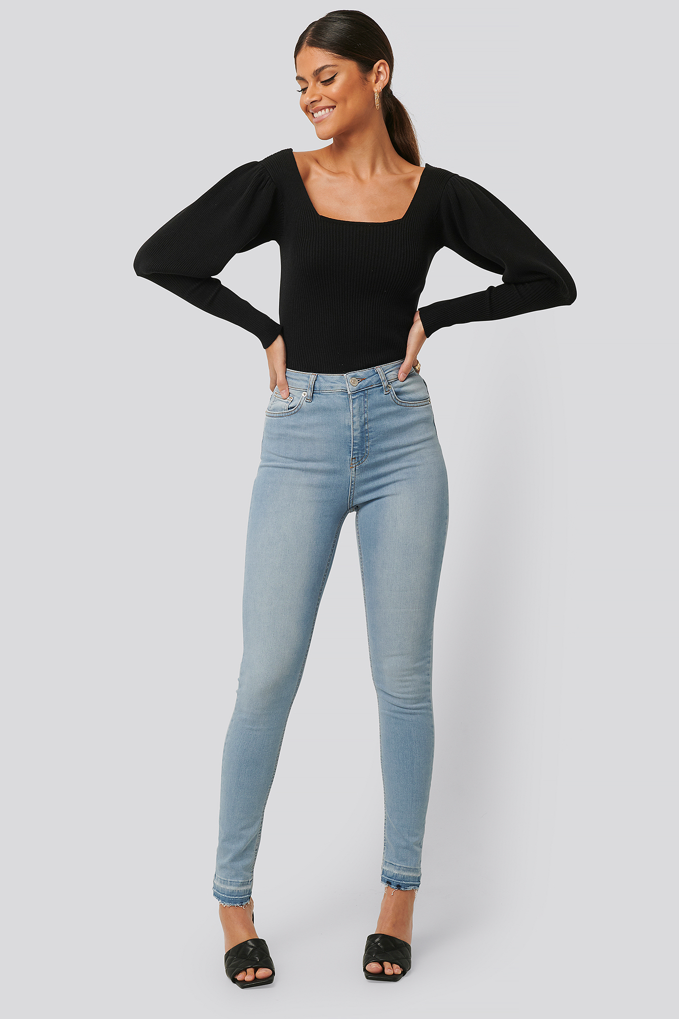 Skinny High Waist Open Hem Jeans Tall Blue | NA-KD