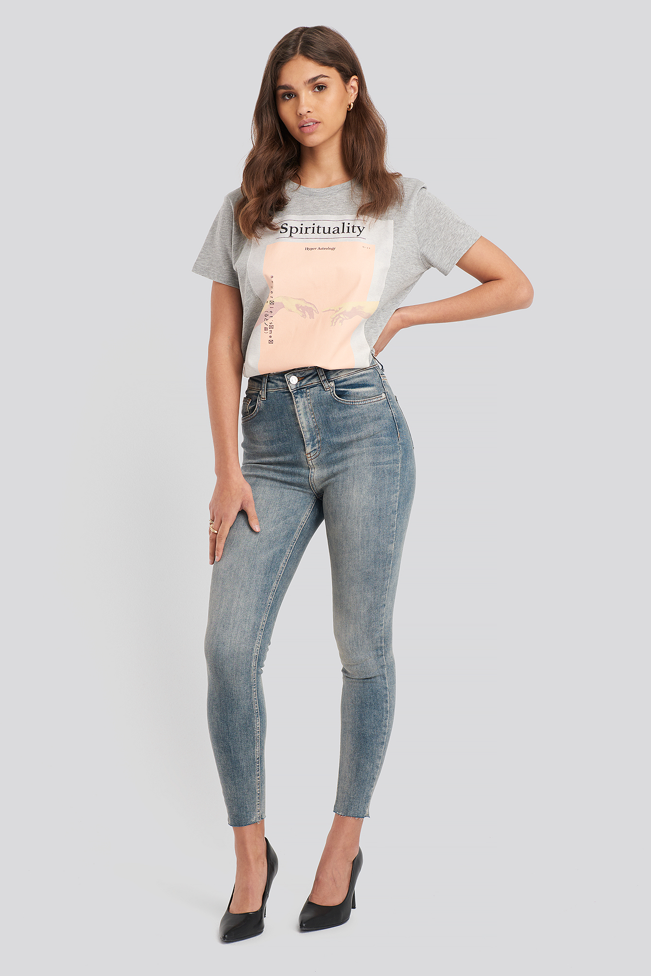Skinny High Waist Raw Hem Jeans Washed Blue