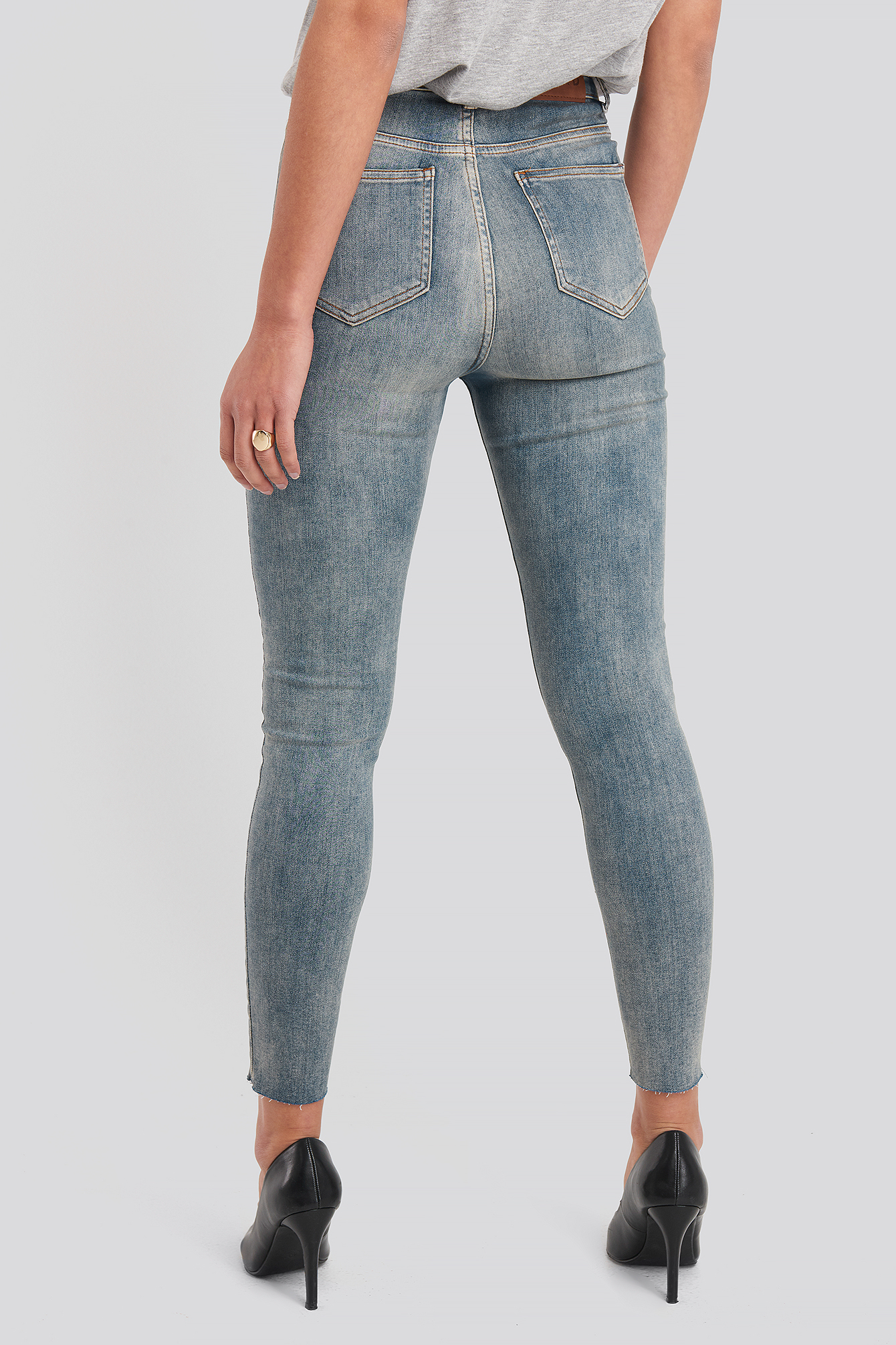 Skinny High Waist Raw Hem Jeans Washed Blue