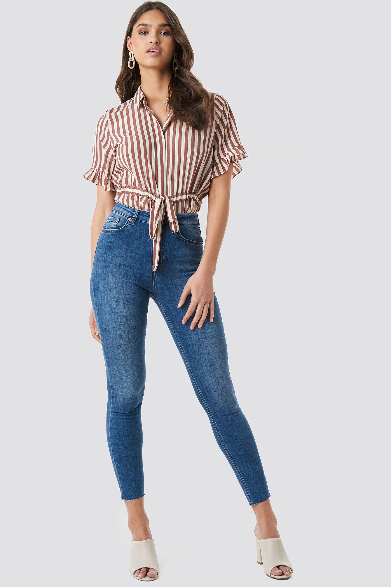 Skinny High Waist Raw Hem Jeans Mid Blue