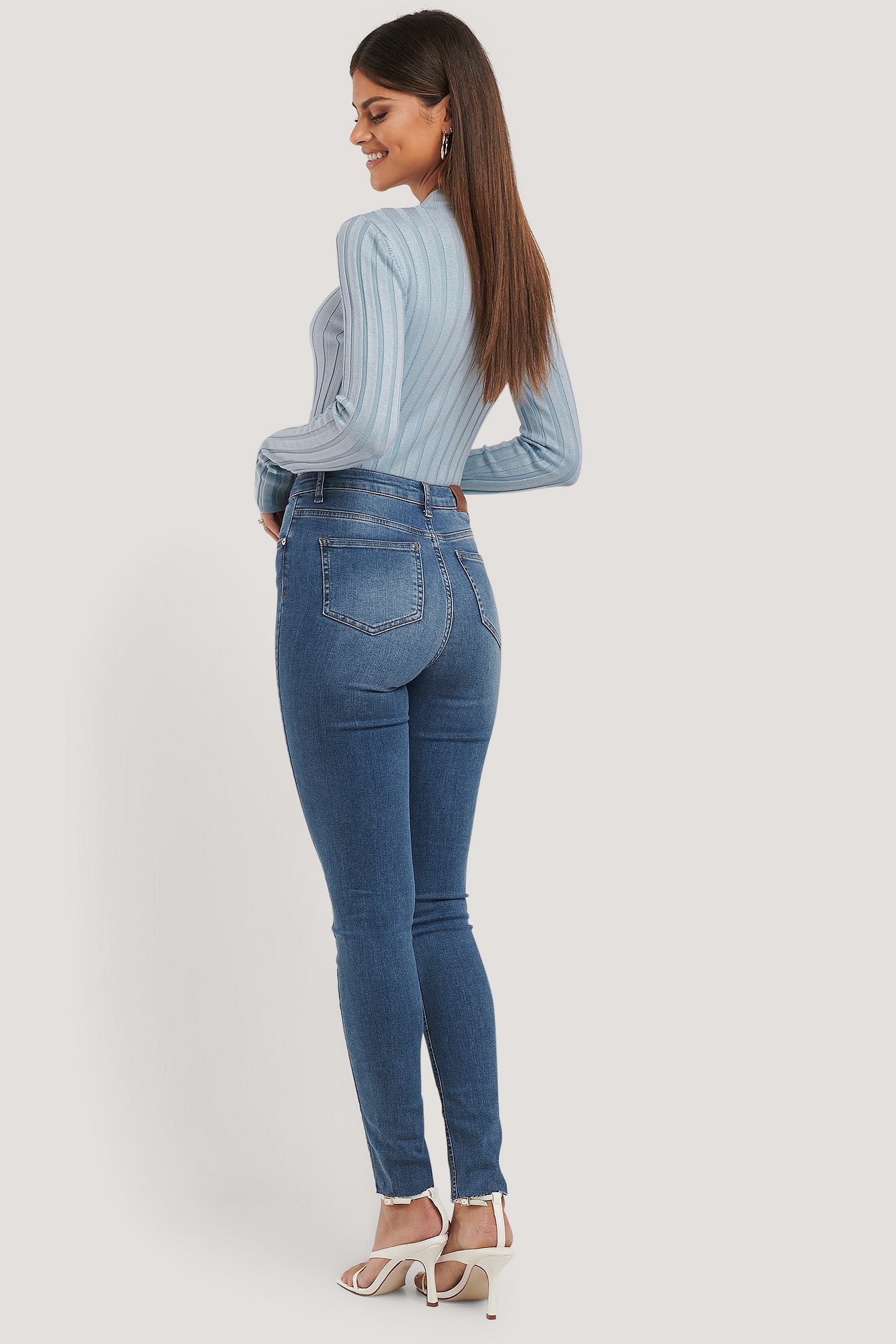 Mid Blue Skinny High Waist Raw Hem Jeans Tall