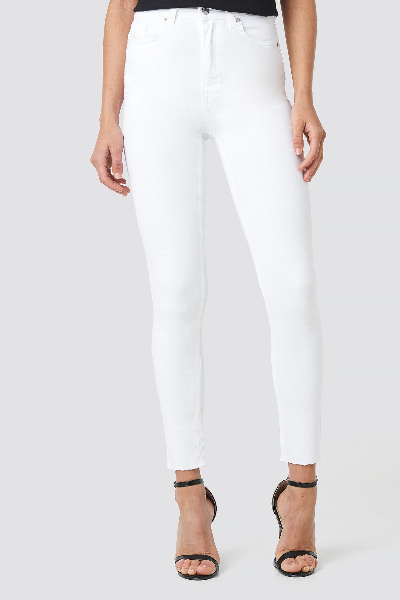White Skinny High Waist Raw Hem Jeans