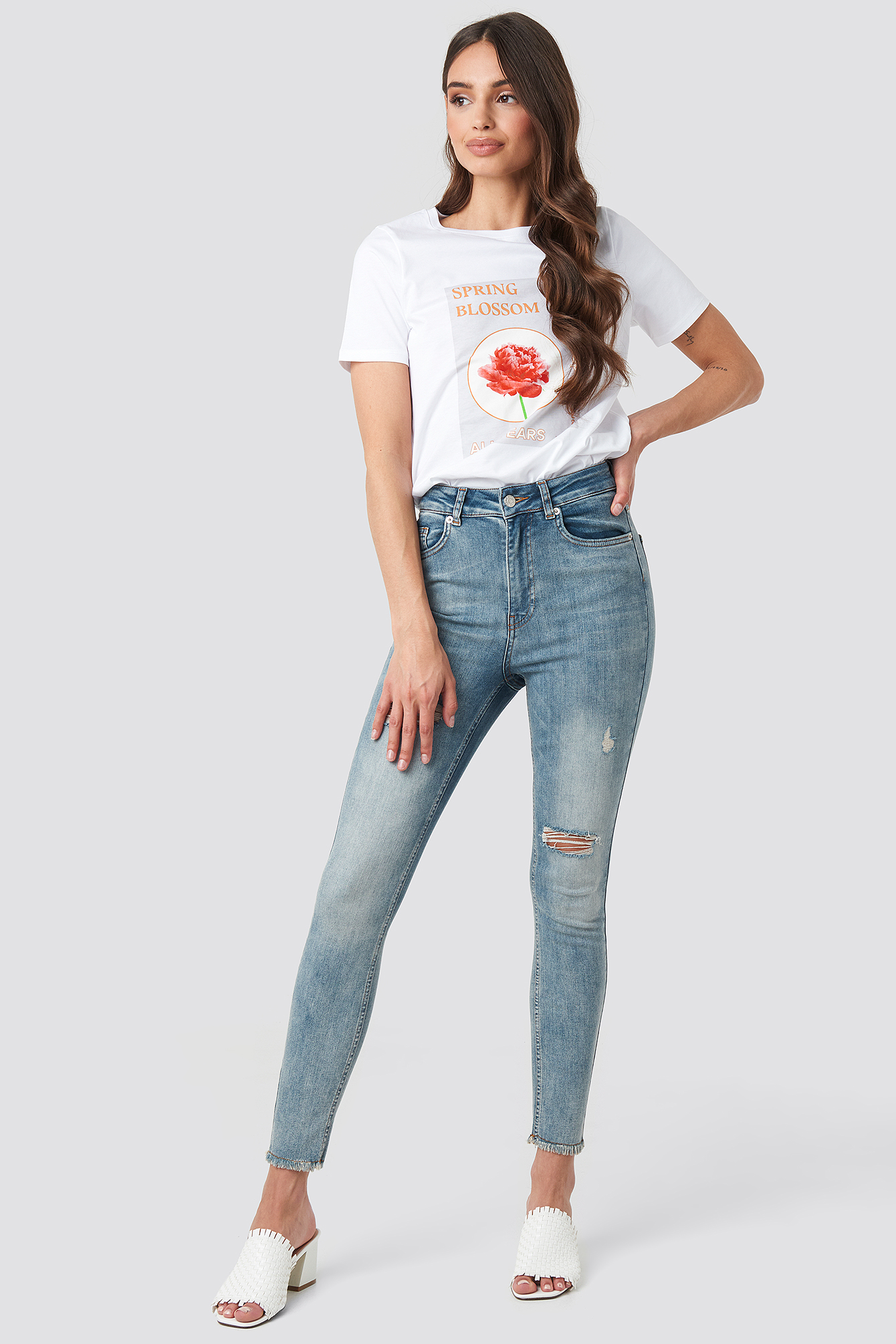 Skinny High Waist Worn Look Jeans Washed Blue