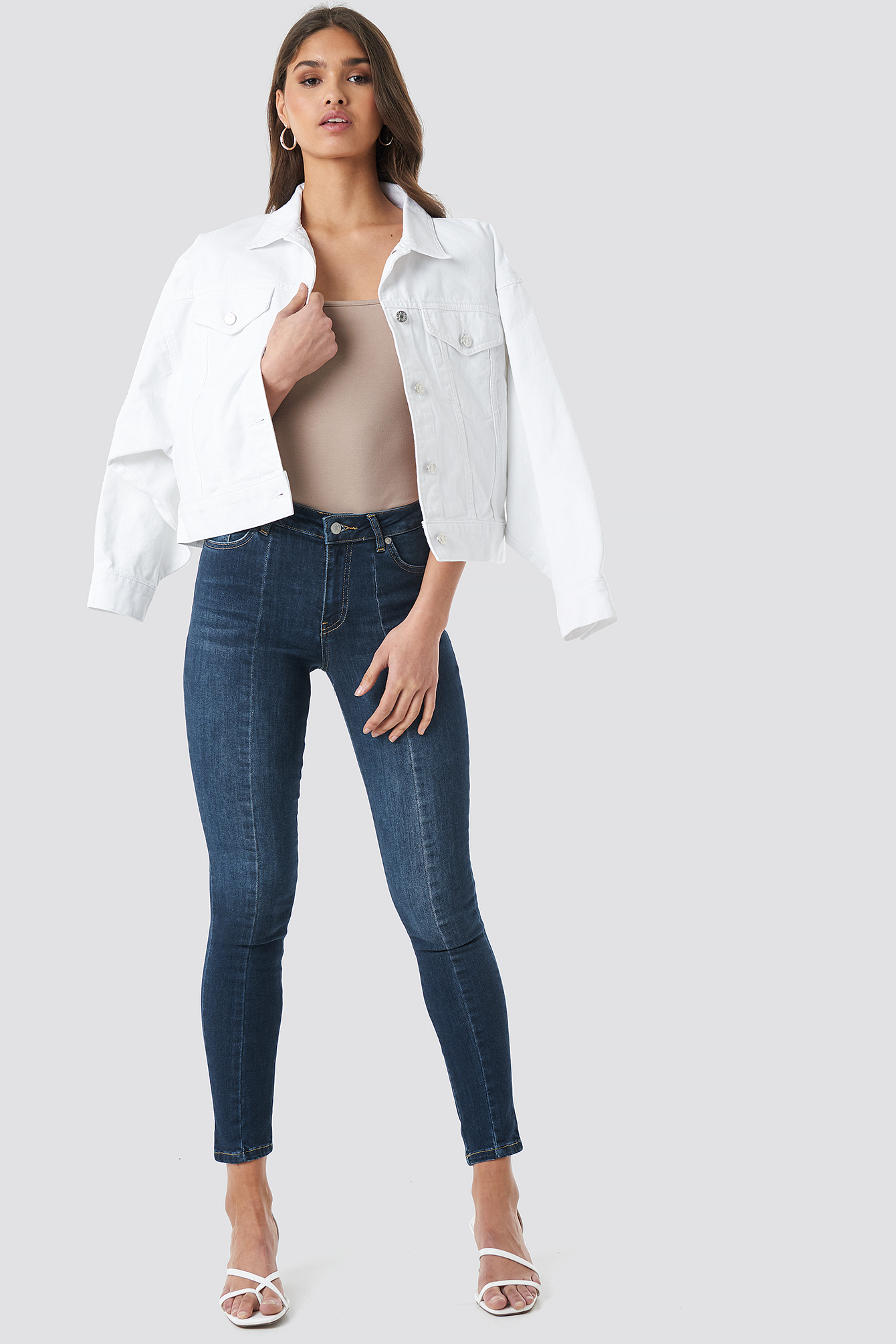 Skinny Mid Waist Front Panel Jeans Dark Blue