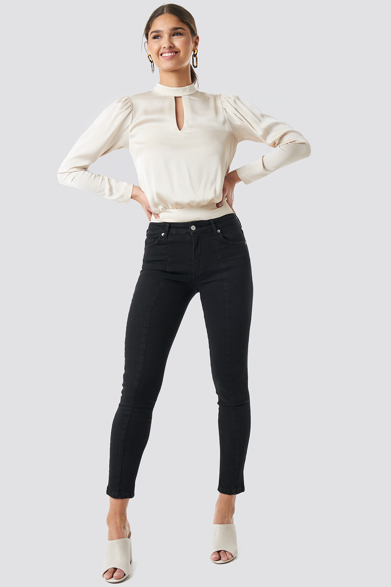 Skinny Mid Waist Front Panel Jeans Black