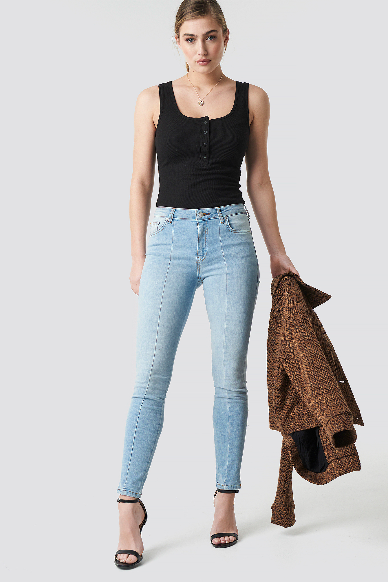 Skinny Mid Waist Front Panel Jeans Light Blue