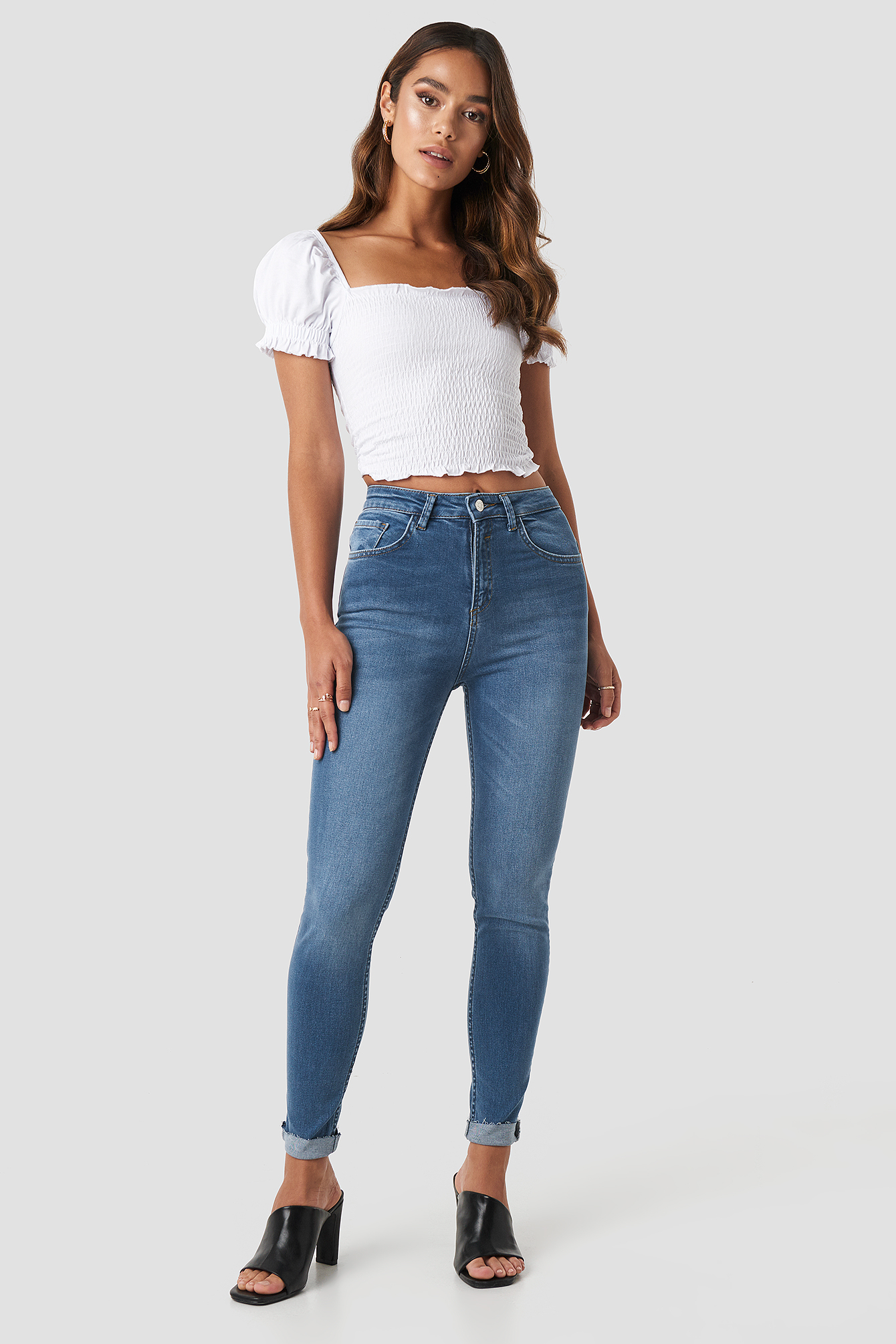 Skinny Raw Hem Jeans Mid Blue