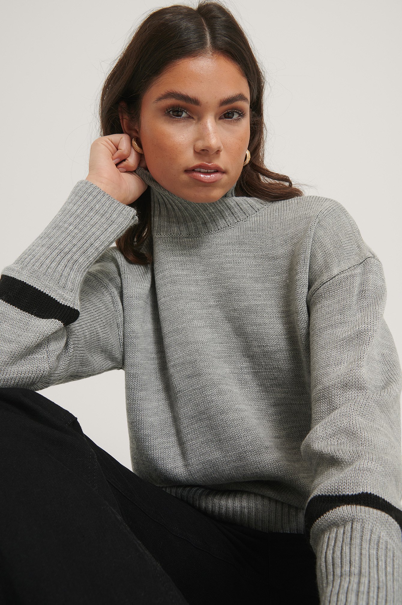 Grey/Black Sleeve Detail High Neck Sweater