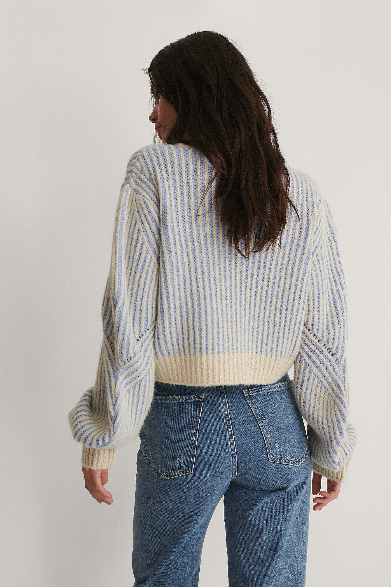 Cropped Striped Knit Sweater with Asymmetrical Cuffs Detail - White main image 0