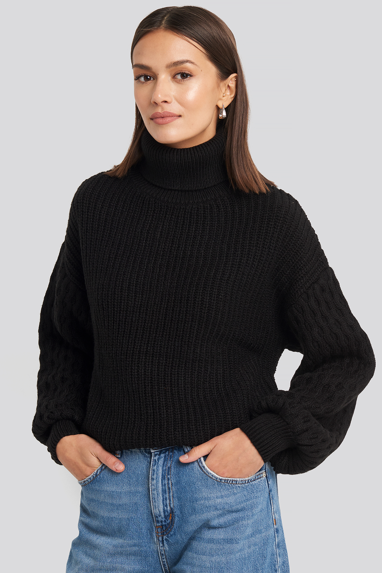 Sleeve Detailed Knitted Polo Sweater Black