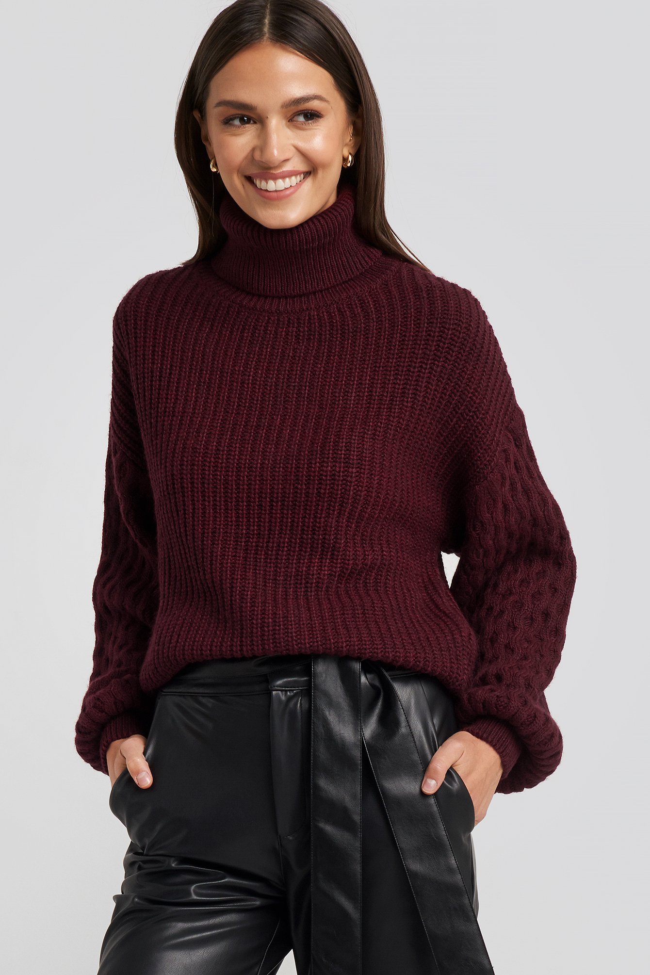 Burgundy NA-KD Sleeve Detailed Knitted Polo Sweater