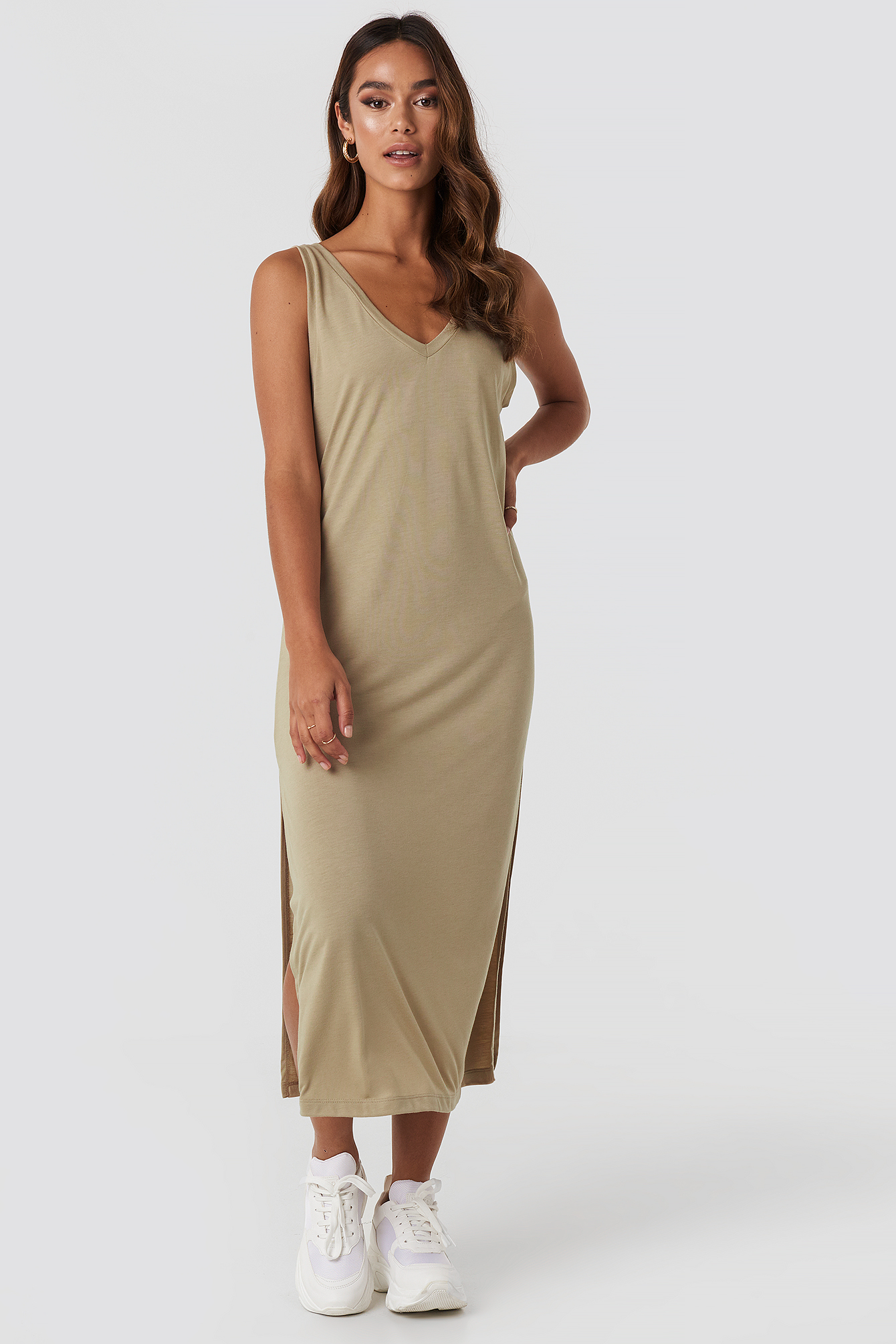 Sleeveless Jersey Midi Dress Beige