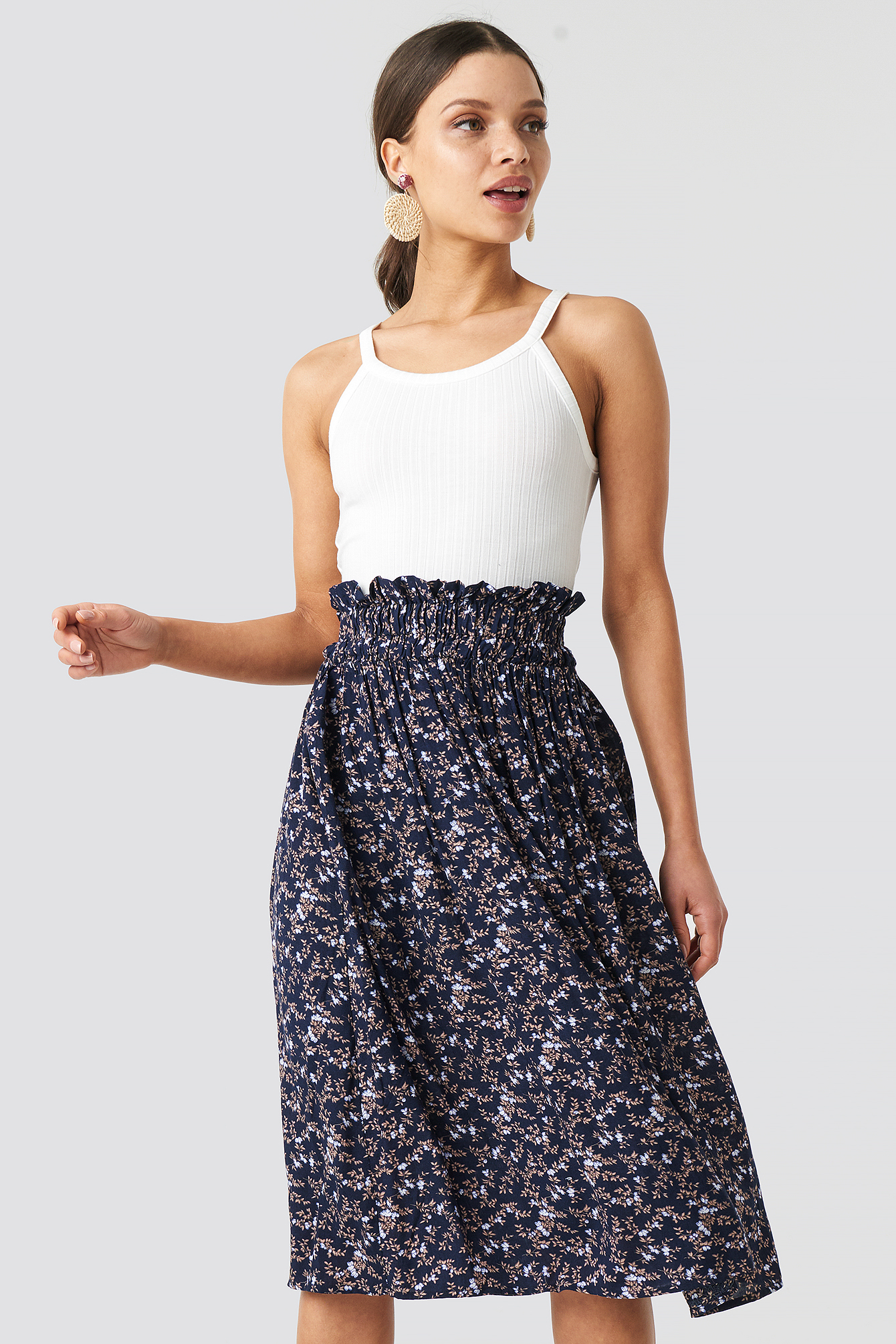 Smock Detail Flower Print Skirt Dark Blue