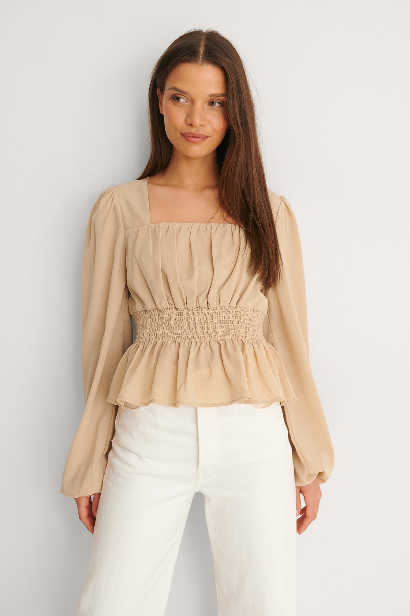 Beige Recycled Smock Waist LS Blouse