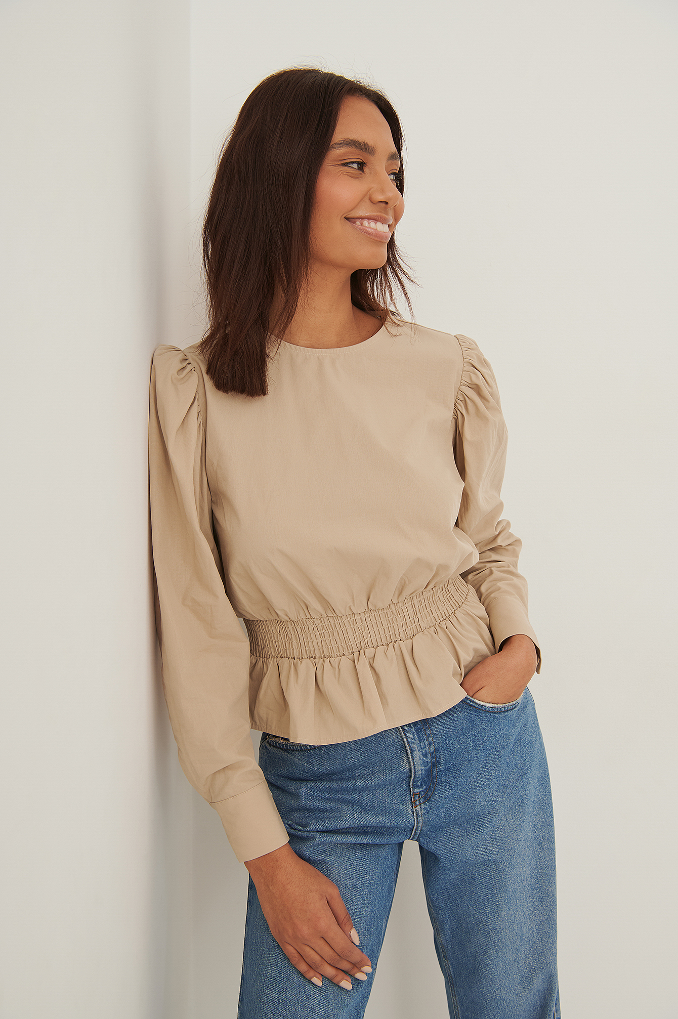 Smocked Waist Cotton Blouse Beige | na 